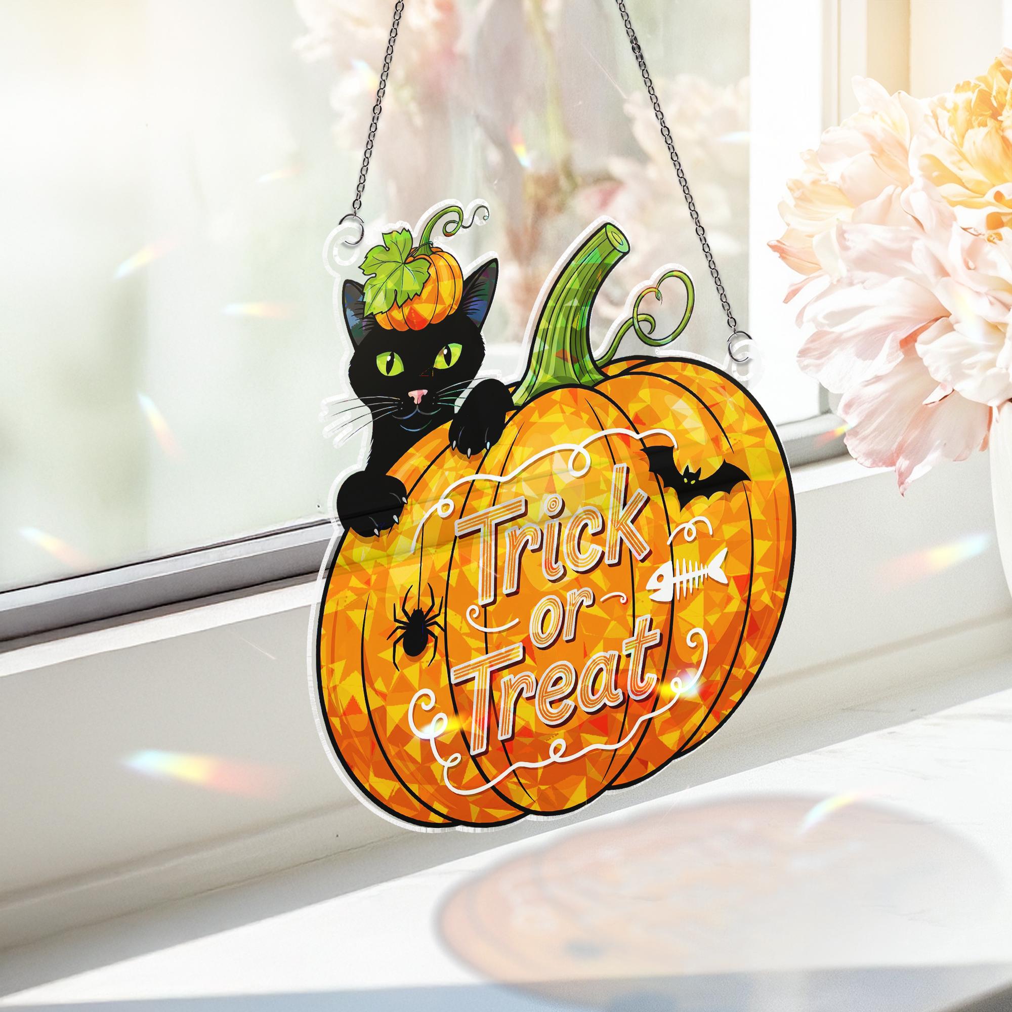 Halloween Hologram Window Hanging: Trick or Treat Pumpkin Black Acrylic Cat Suncatcher