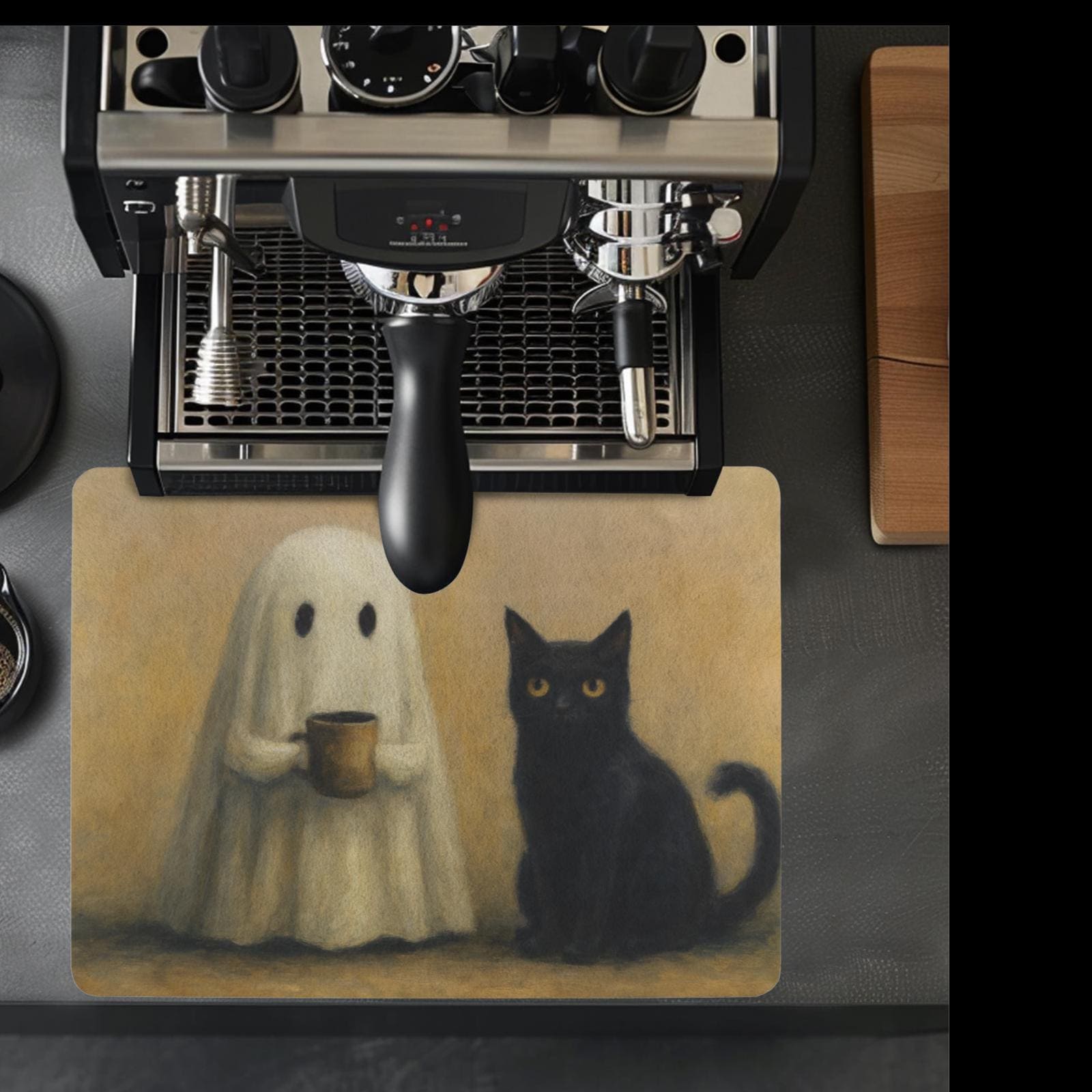 Spooky Coffee Bar Mat – Ghost and Black Cat Halloween Kitchen Decor, Cute Coffee Lover Gift, Gothic Witchy Counter Mat