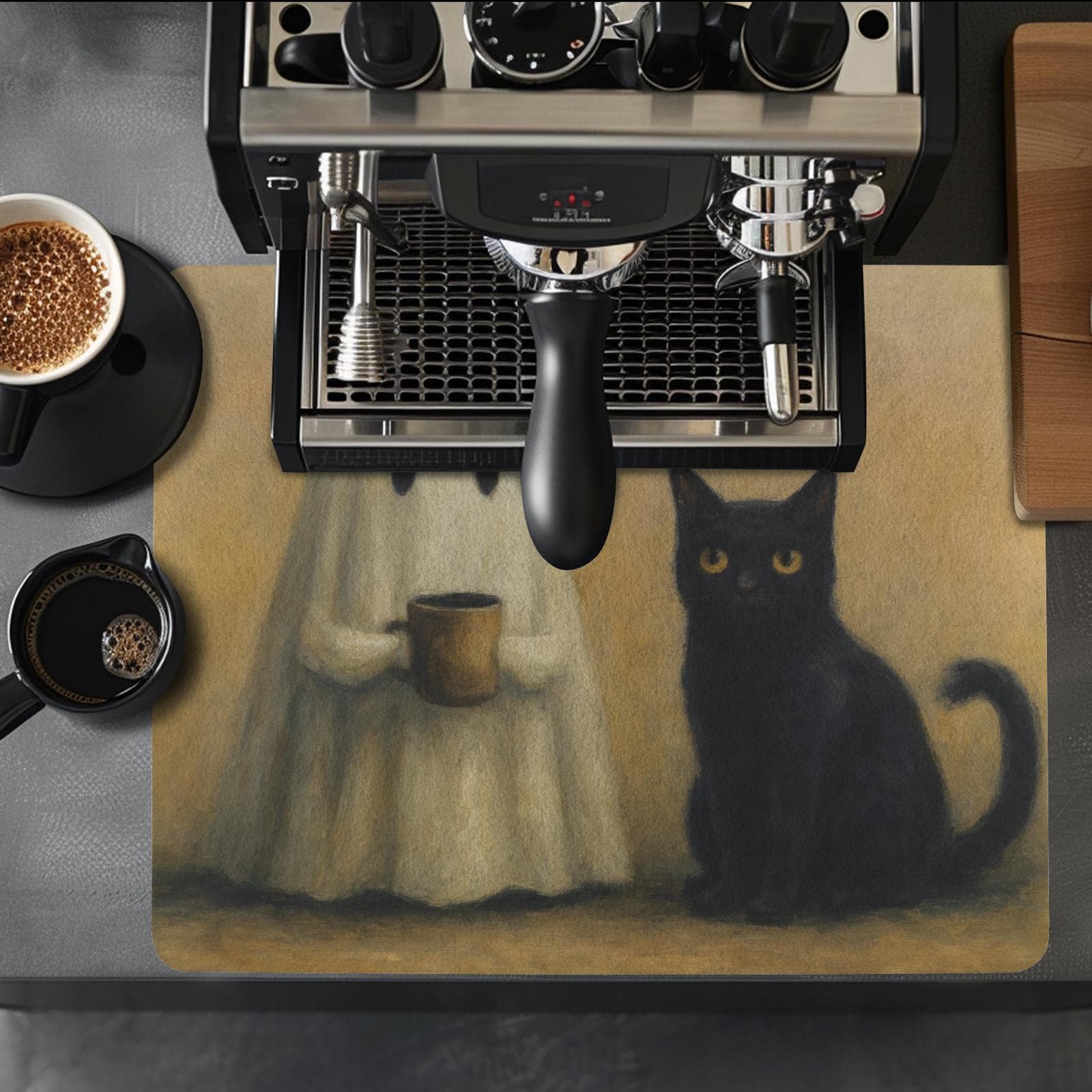 Spooky Coffee Bar Mat – Ghost and Black Cat Halloween Kitchen Decor, Cute Coffee Lover Gift, Gothic Witchy Counter Mat