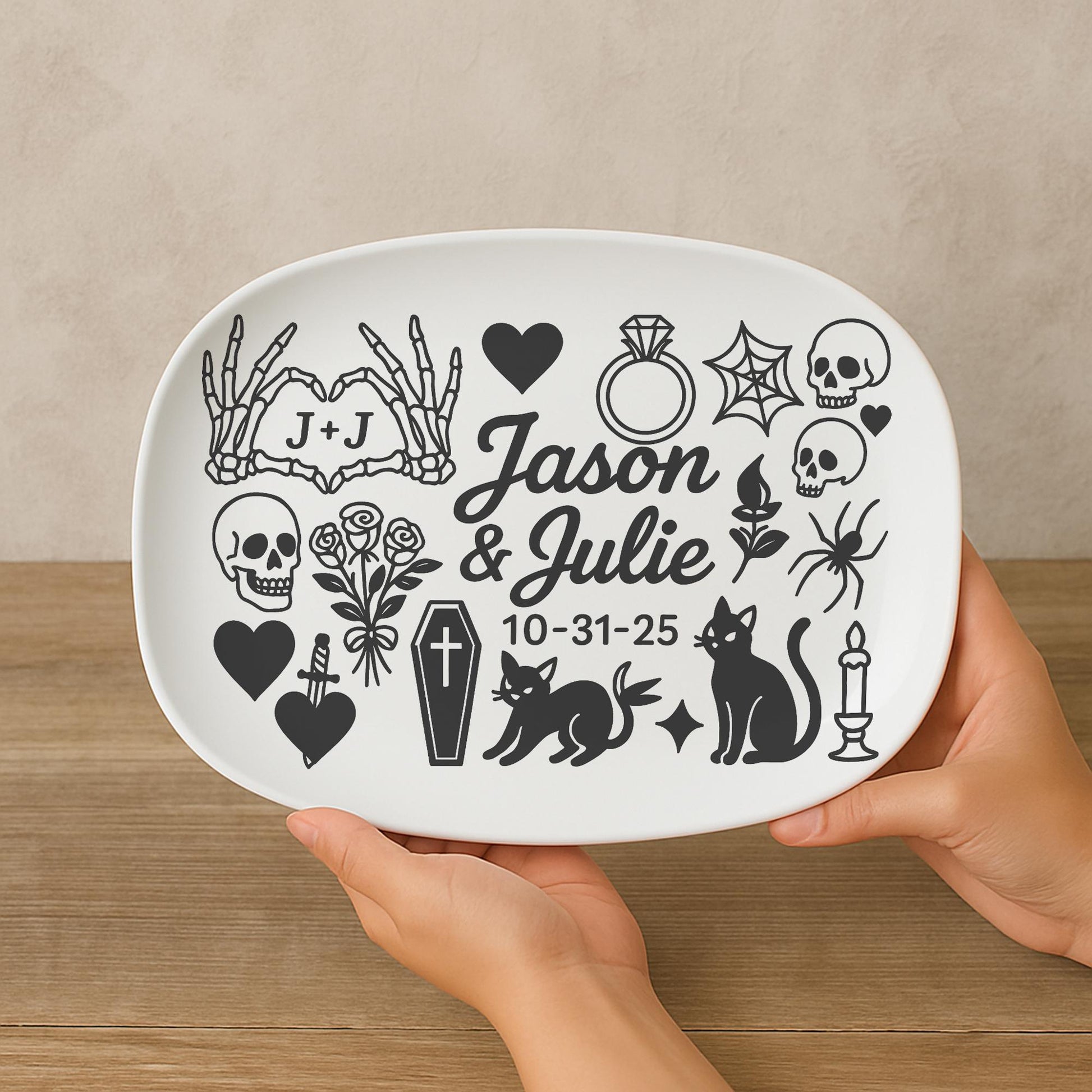 Custom Gothic Wedding Platter – Personalized Halloween Marriage Gift, Dark Romantic Engagement Plate, Alternative Couple Decor- DECOR only