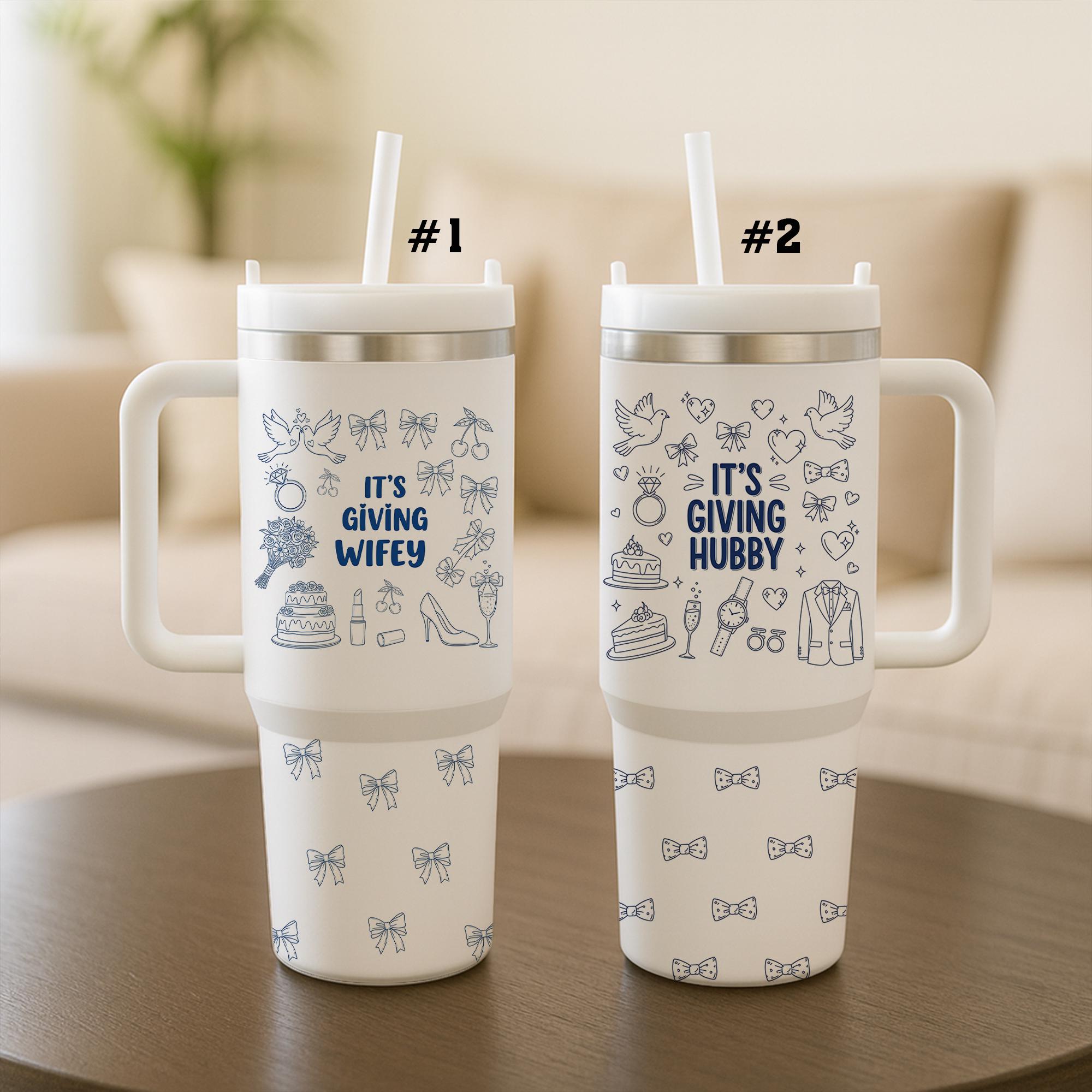 Cute Wedding Mugs Set His and Hers | Bride Groom Gift | Funny Couple Travel Tumbler with Straw | Anniversary Present