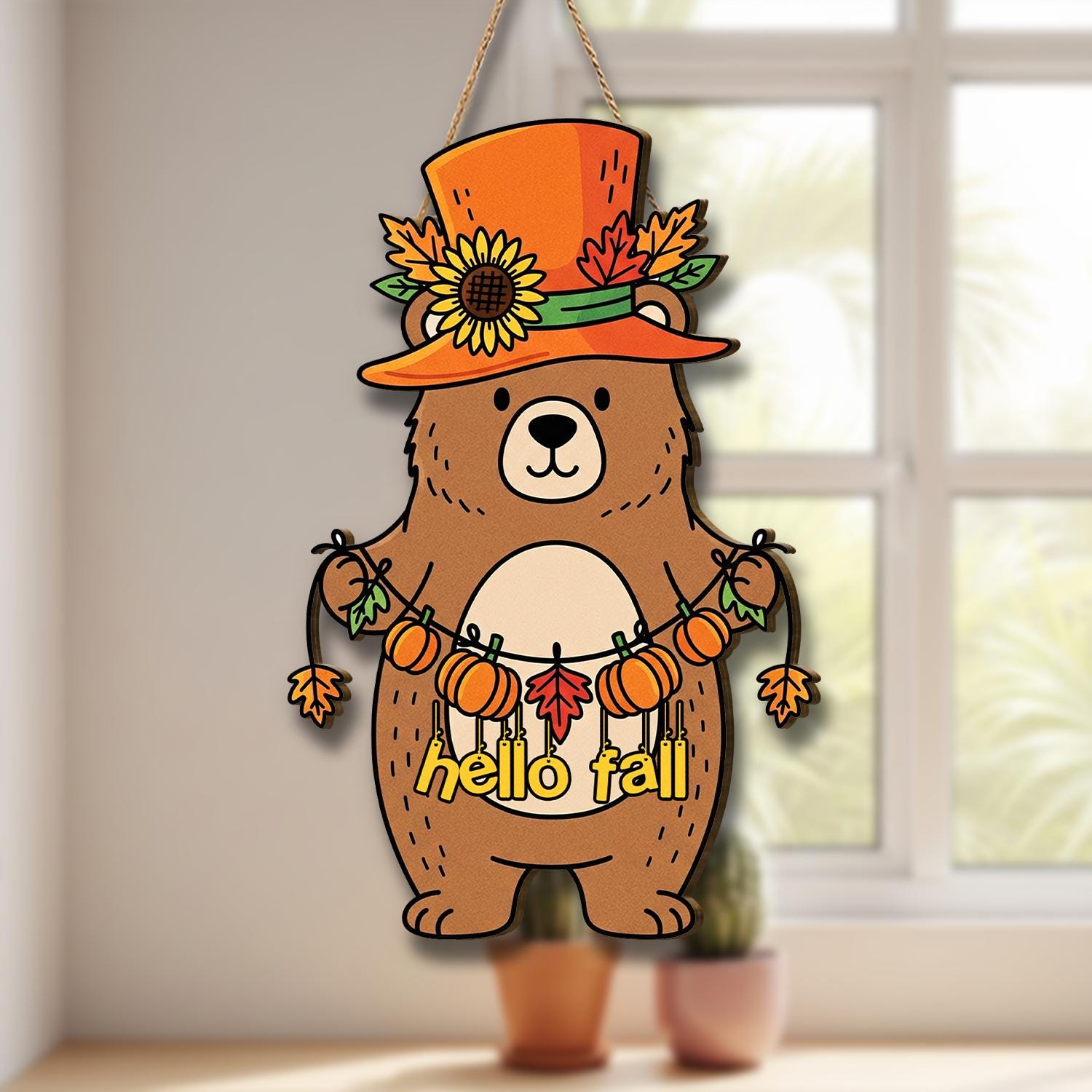 Fall Door Hanger with Bear and Pumpkin Garland | Hello Fall Front Door Sign | Autumn Porch Decoration | Seasonal Home Decor, Bear Lover Gift