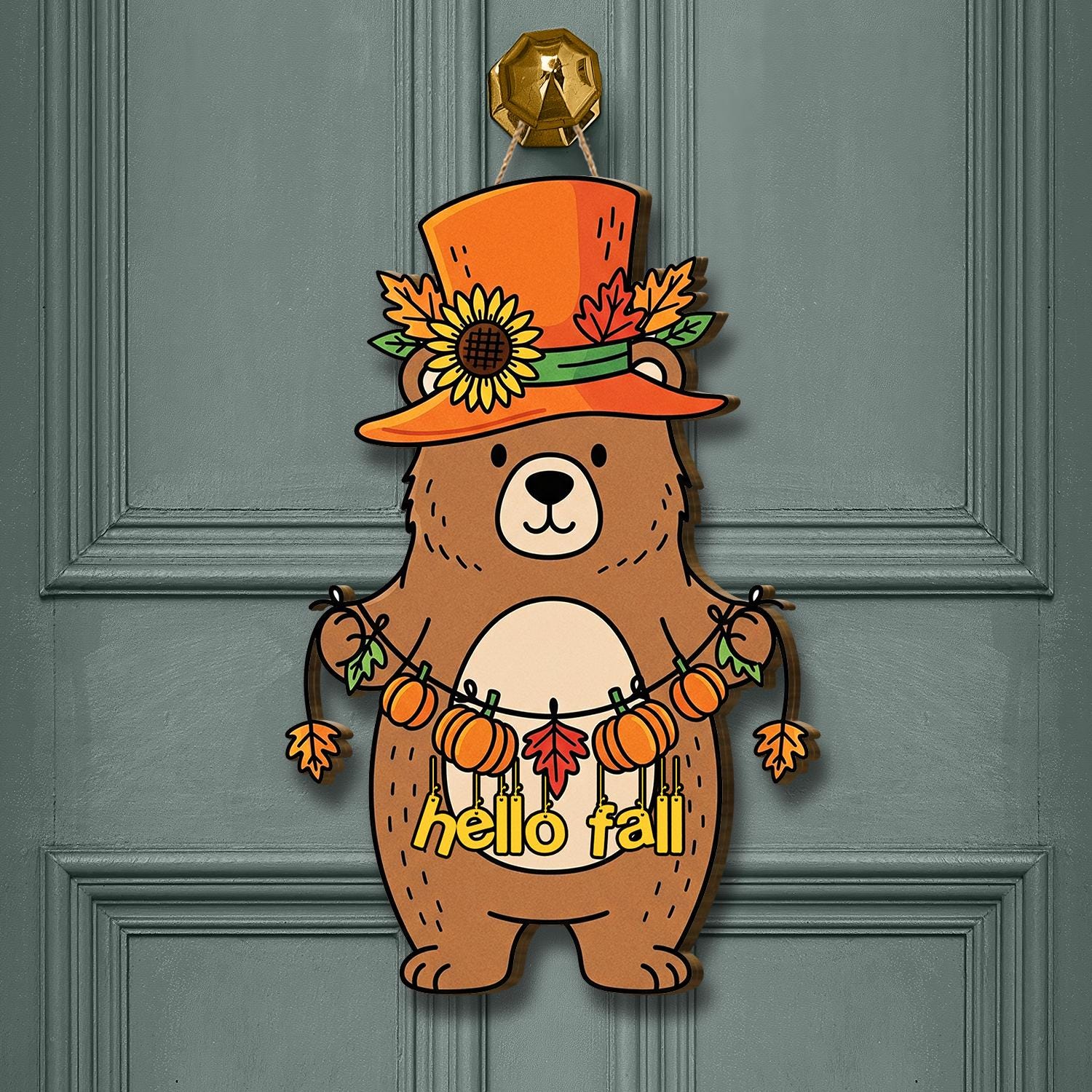Fall Door Hanger with Bear and Pumpkin Garland | Hello Fall Front Door Sign | Autumn Porch Decoration | Seasonal Home Decor, Bear Lover Gift