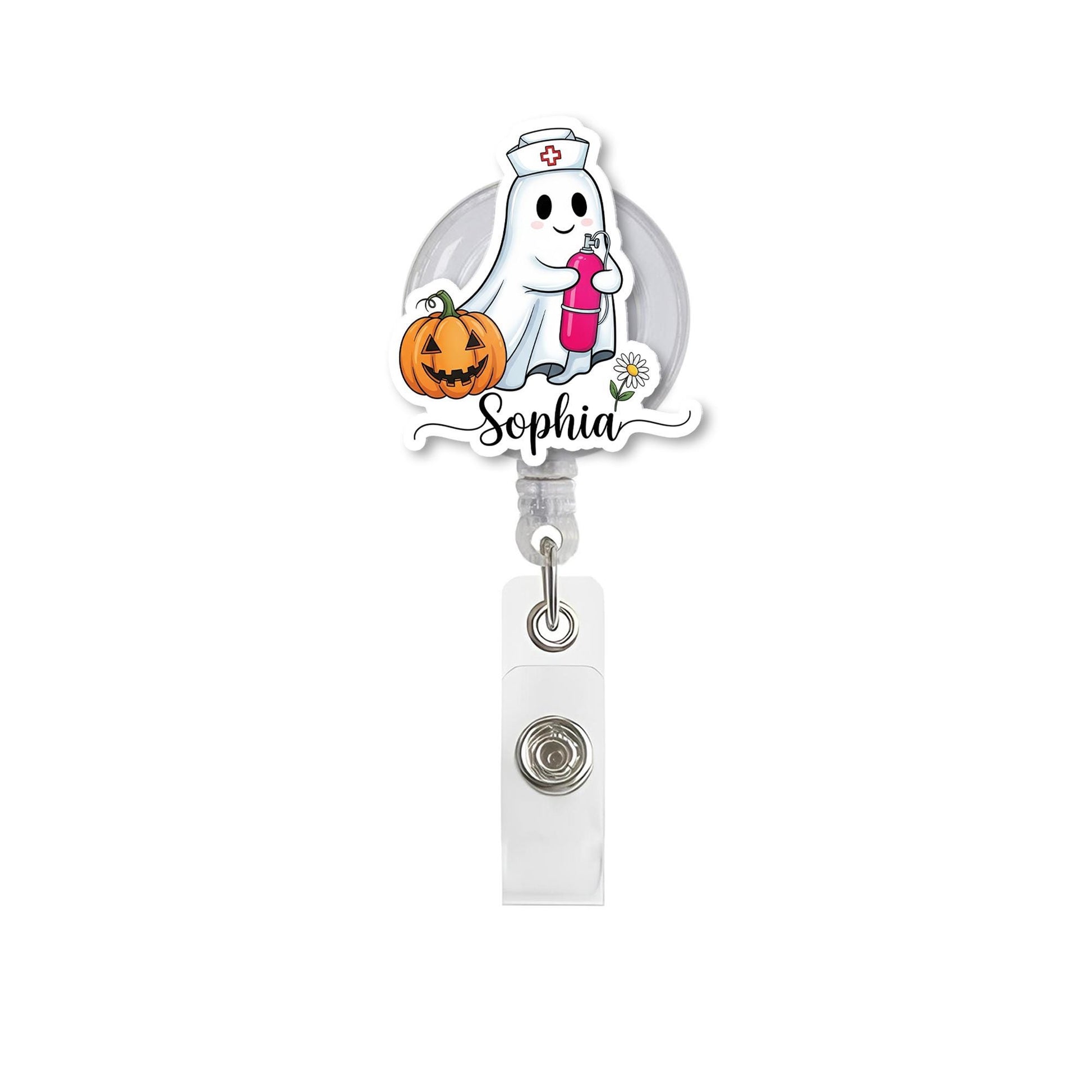 Personalized Halloween Badge Reel with Ghost Nurse | Custom Name ID Holder | Cute Retractable Badge Clip for Nurses and Healthcare Workers