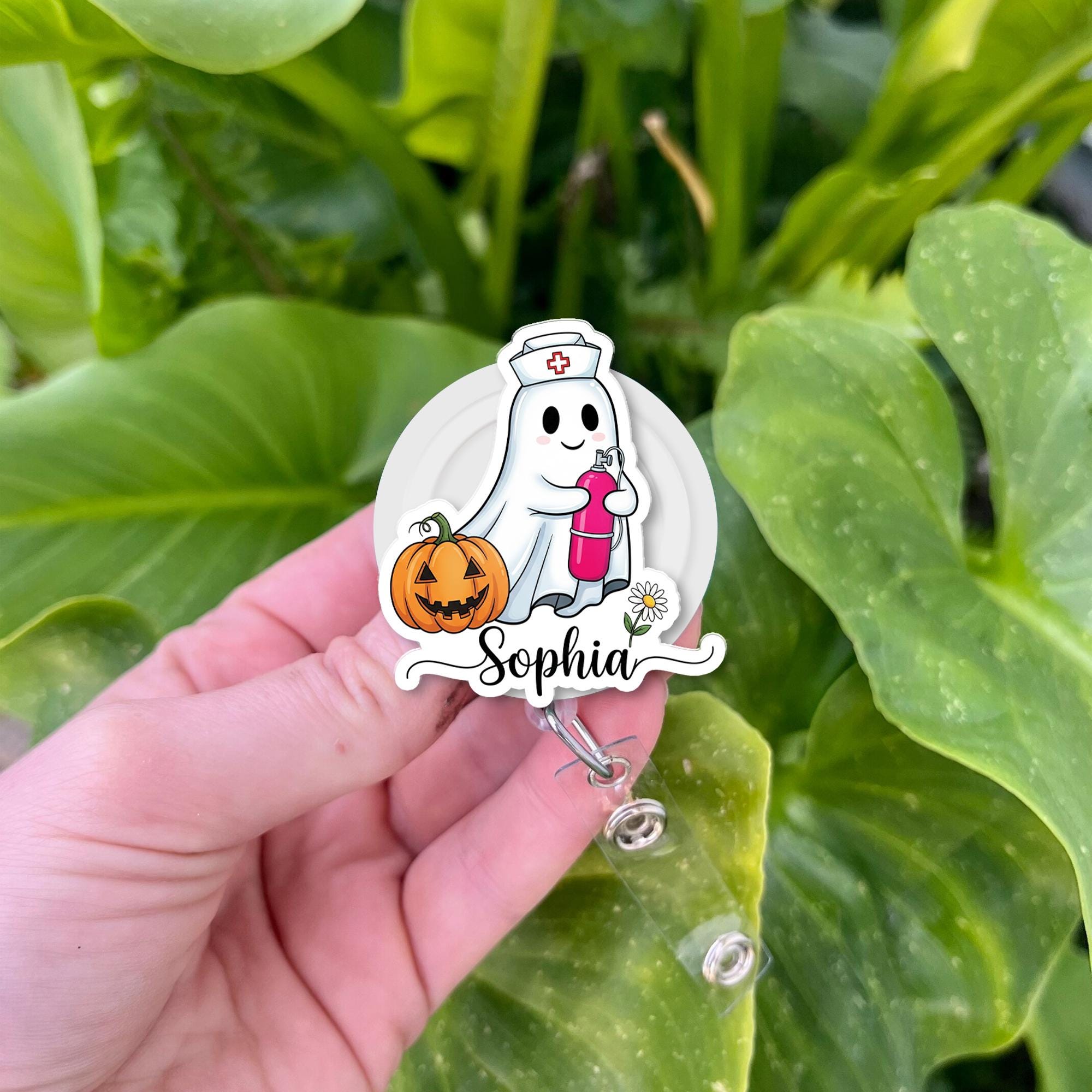 Personalized Halloween Badge Reel with Ghost Nurse | Custom Name ID Holder | Cute Retractable Badge Clip for Nurses and Healthcare Workers