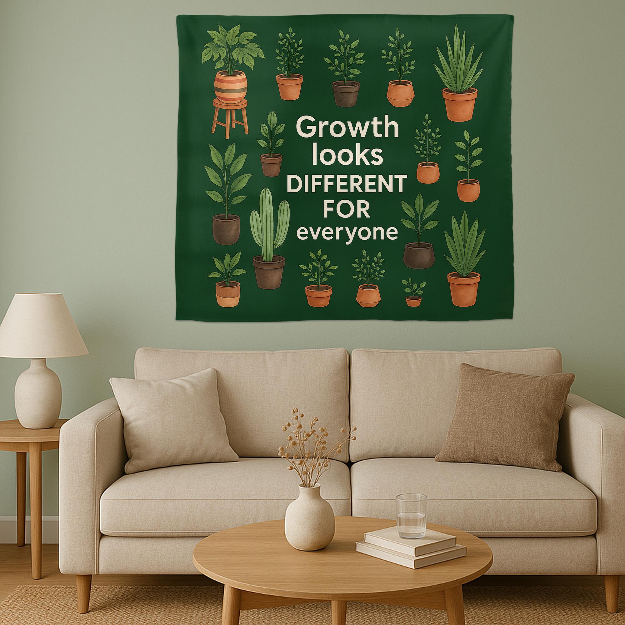 Growth Mindset Tapestry – Inspirational Plant Wall Hanging, Boho Botanical Home Decor, Positive Quote Dorm Art