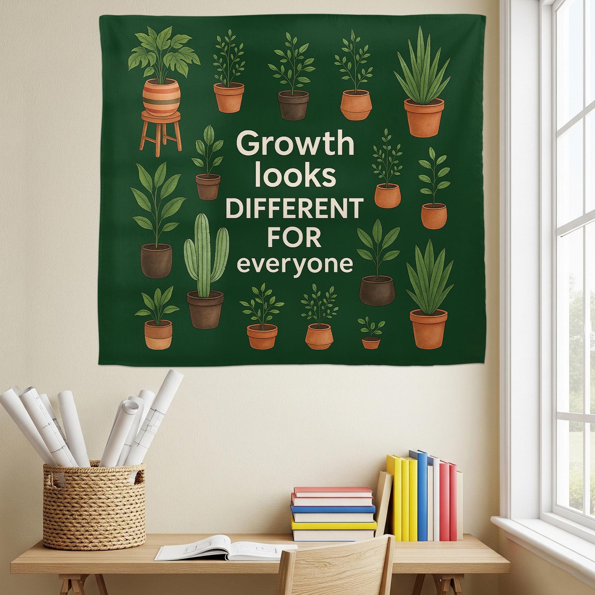 Growth Mindset Tapestry – Inspirational Plant Wall Hanging, Boho Botanical Home Decor, Positive Quote Dorm Art