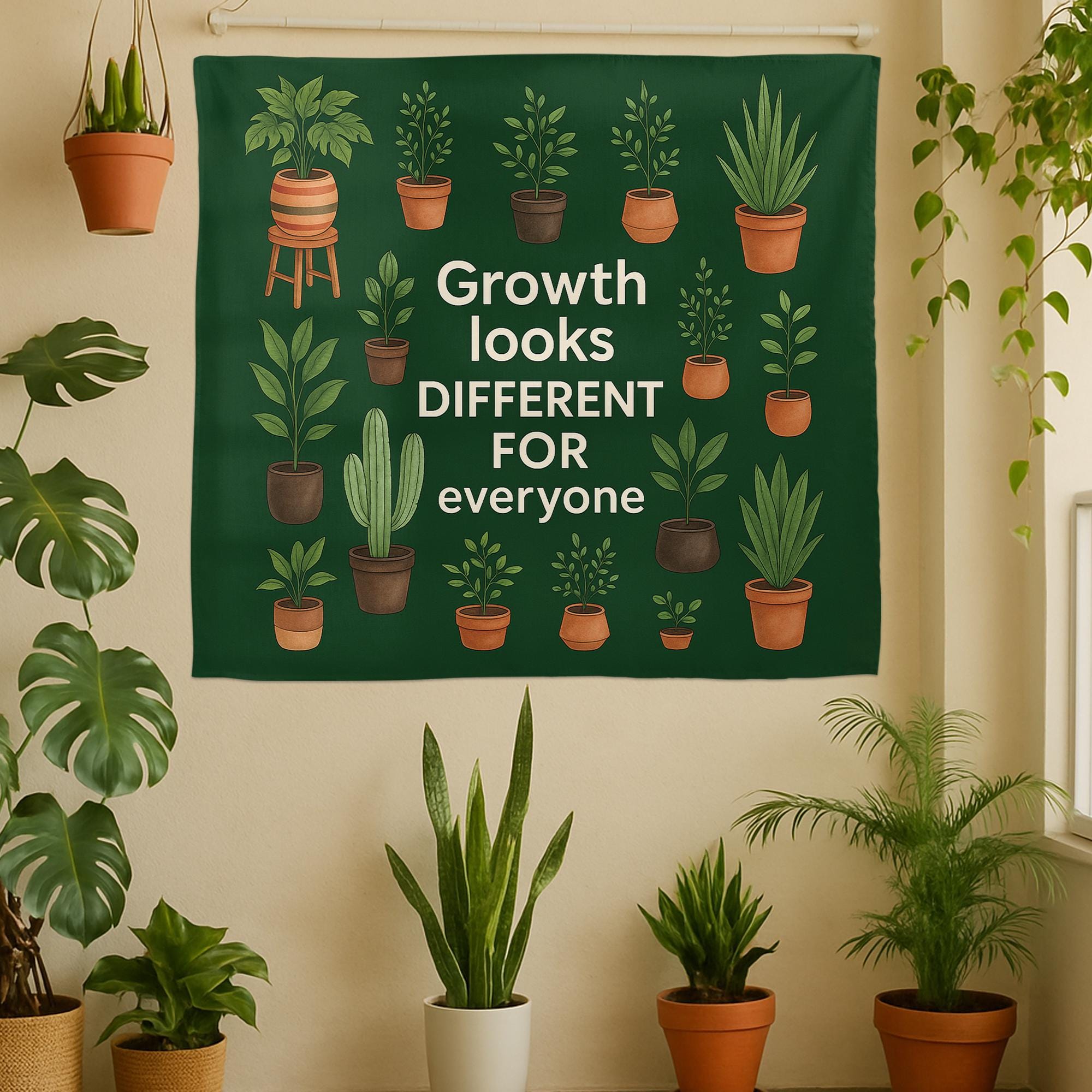 Growth Mindset Tapestry – Inspirational Plant Wall Hanging, Boho Botanical Home Decor, Positive Quote Dorm Art