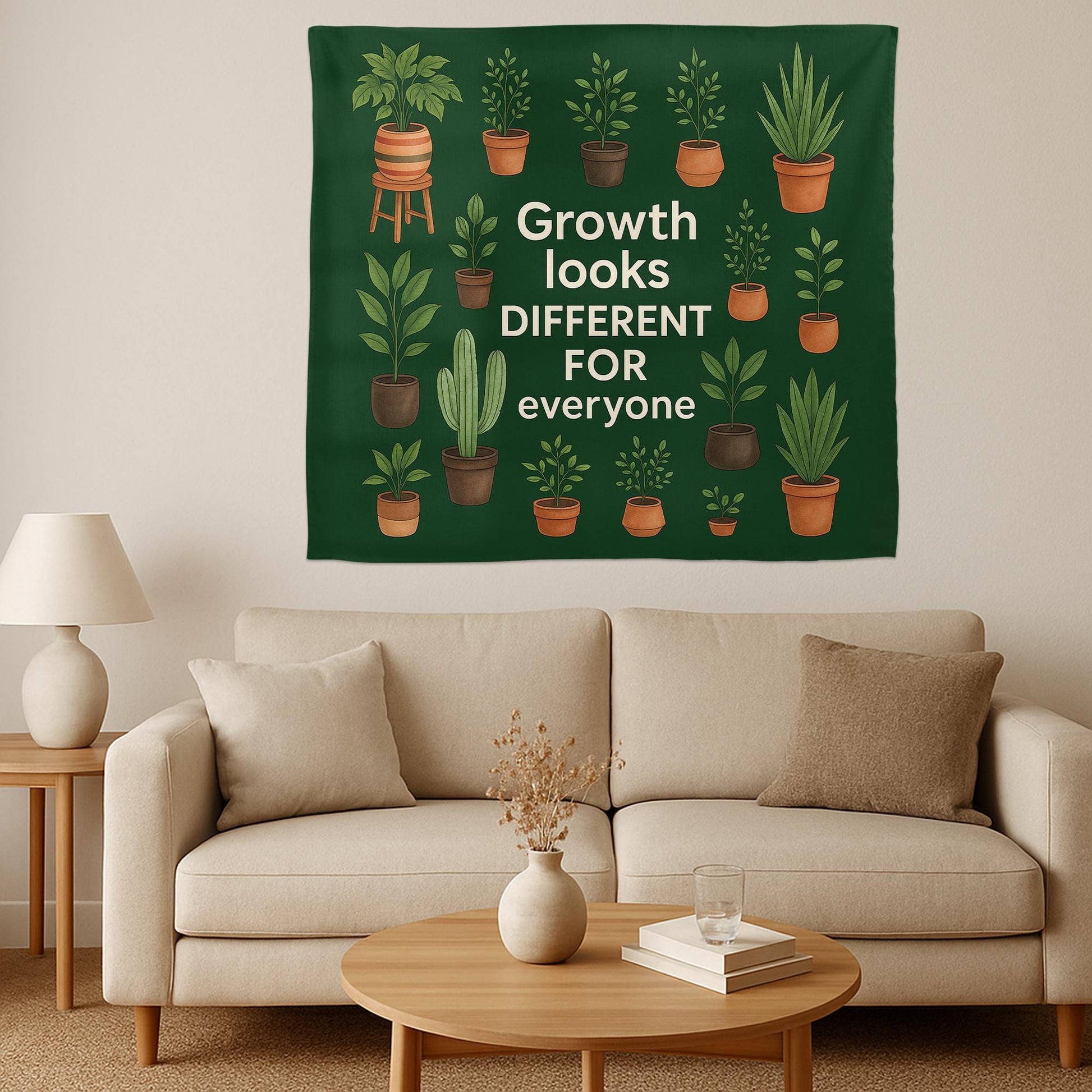 Growth Mindset Tapestry – Inspirational Plant Wall Hanging, Boho Botanical Home Decor, Positive Quote Dorm Art