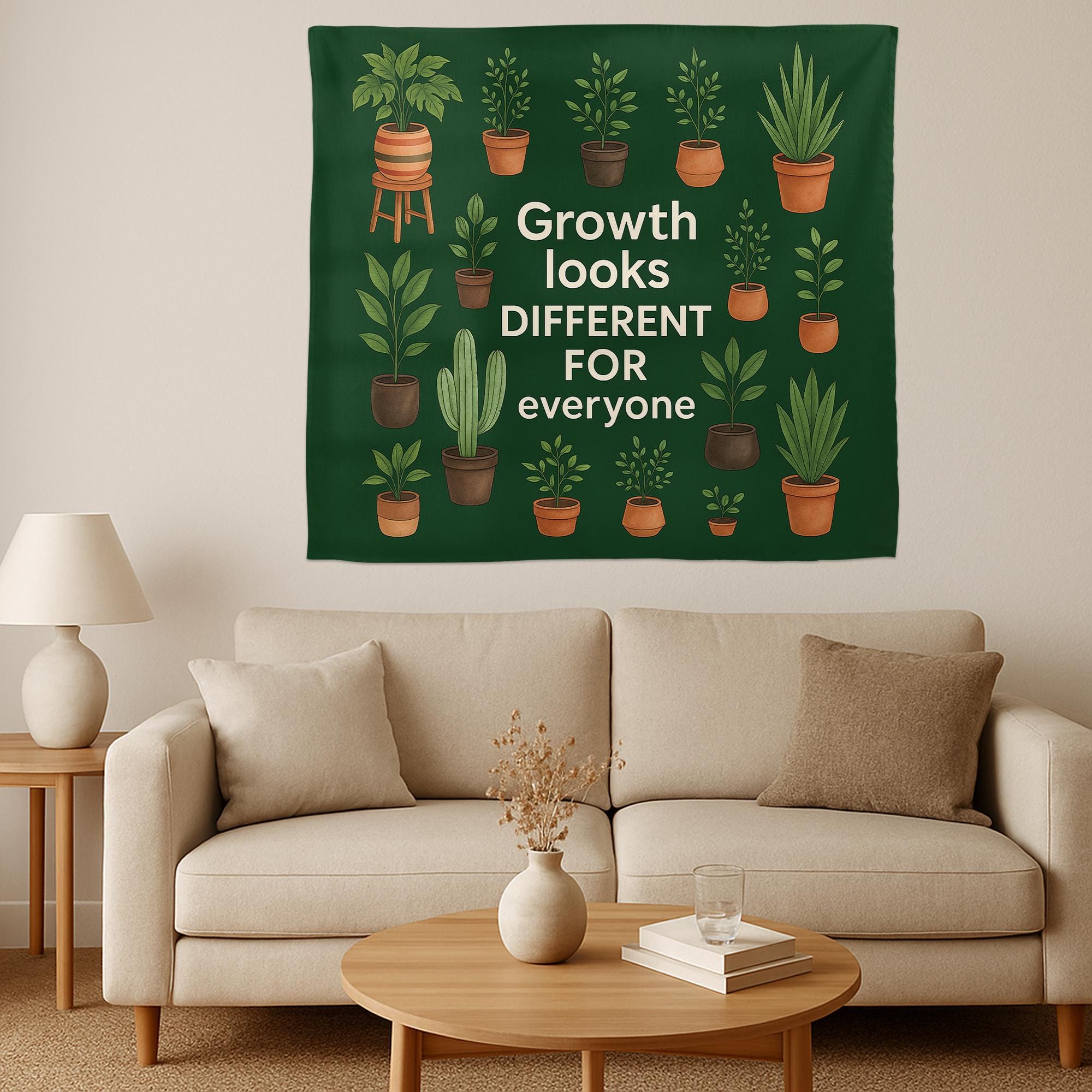 Growth Mindset Tapestry – Inspirational Plant Wall Hanging, Boho Botanical Home Decor, Positive Quote Dorm Art