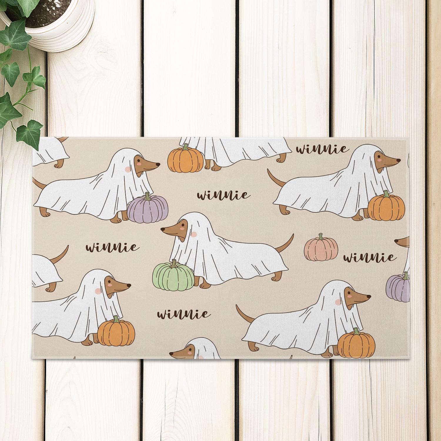 Personalized Halloween Dog Doormat with Ghost Dachshund and Pumpkins | Custom Fall Welcome Mat | Cute Pet Lover Porch Decoration