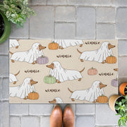 Personalized Halloween Dog Doormat with Ghost Dachshund and Pumpkins | Custom Fall Welcome Mat | Cute Pet Lover Porch Decoration