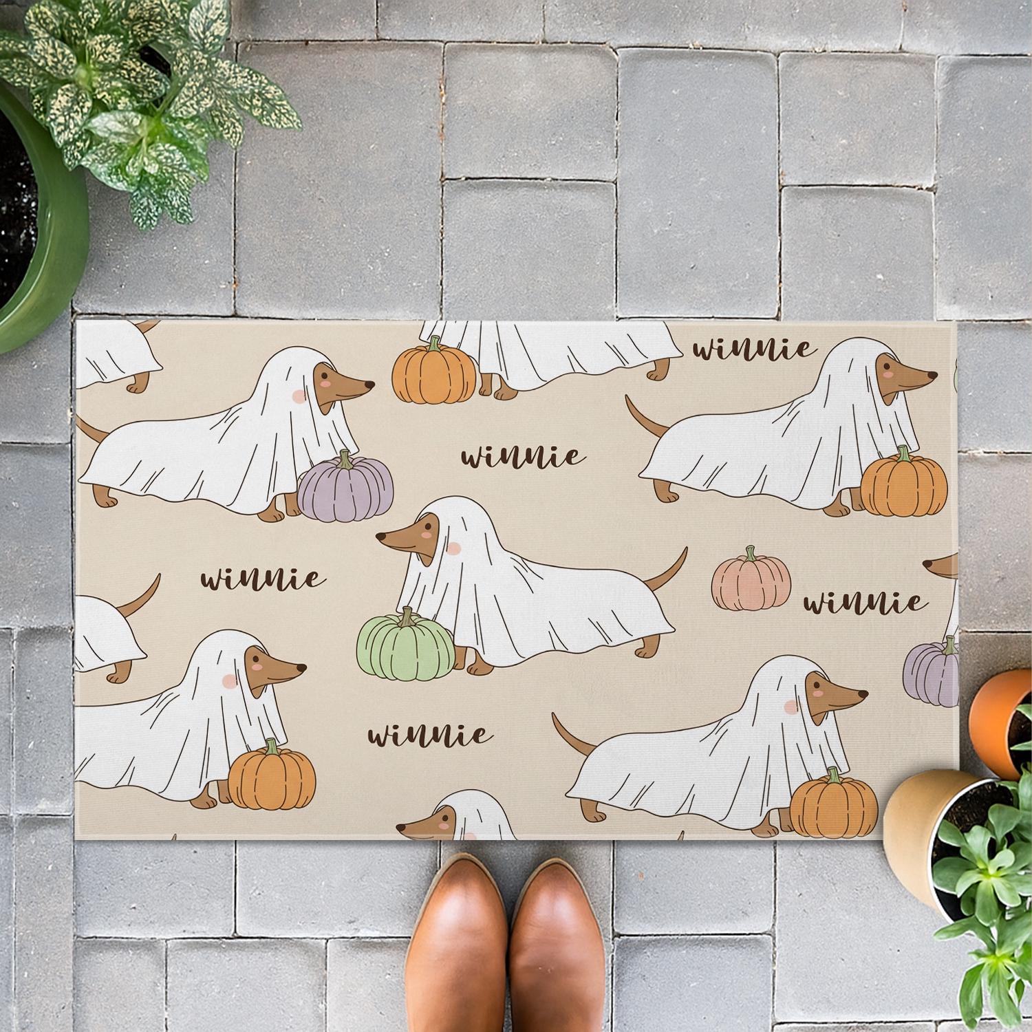 Personalized Halloween Dog Doormat with Ghost Dachshund and Pumpkins | Custom Fall Welcome Mat | Cute Pet Lover Porch Decoration