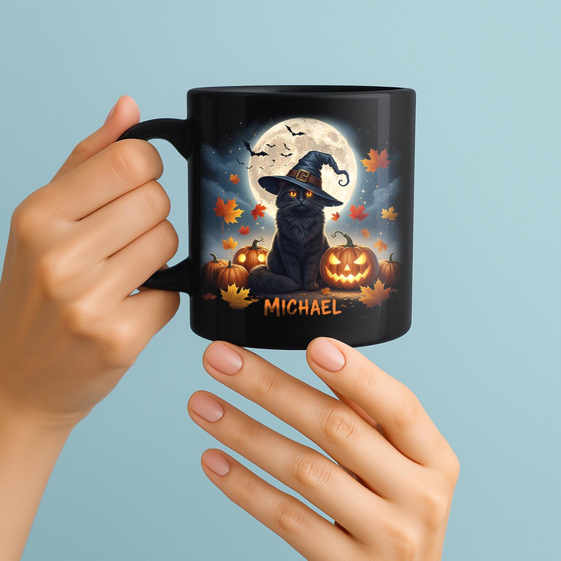 Personalized Halloween Cat Mug | Custom Name Coffee Cup with Black Cat, Pumpkins and Moon | Spooky Fall Gift for Cat Lovers