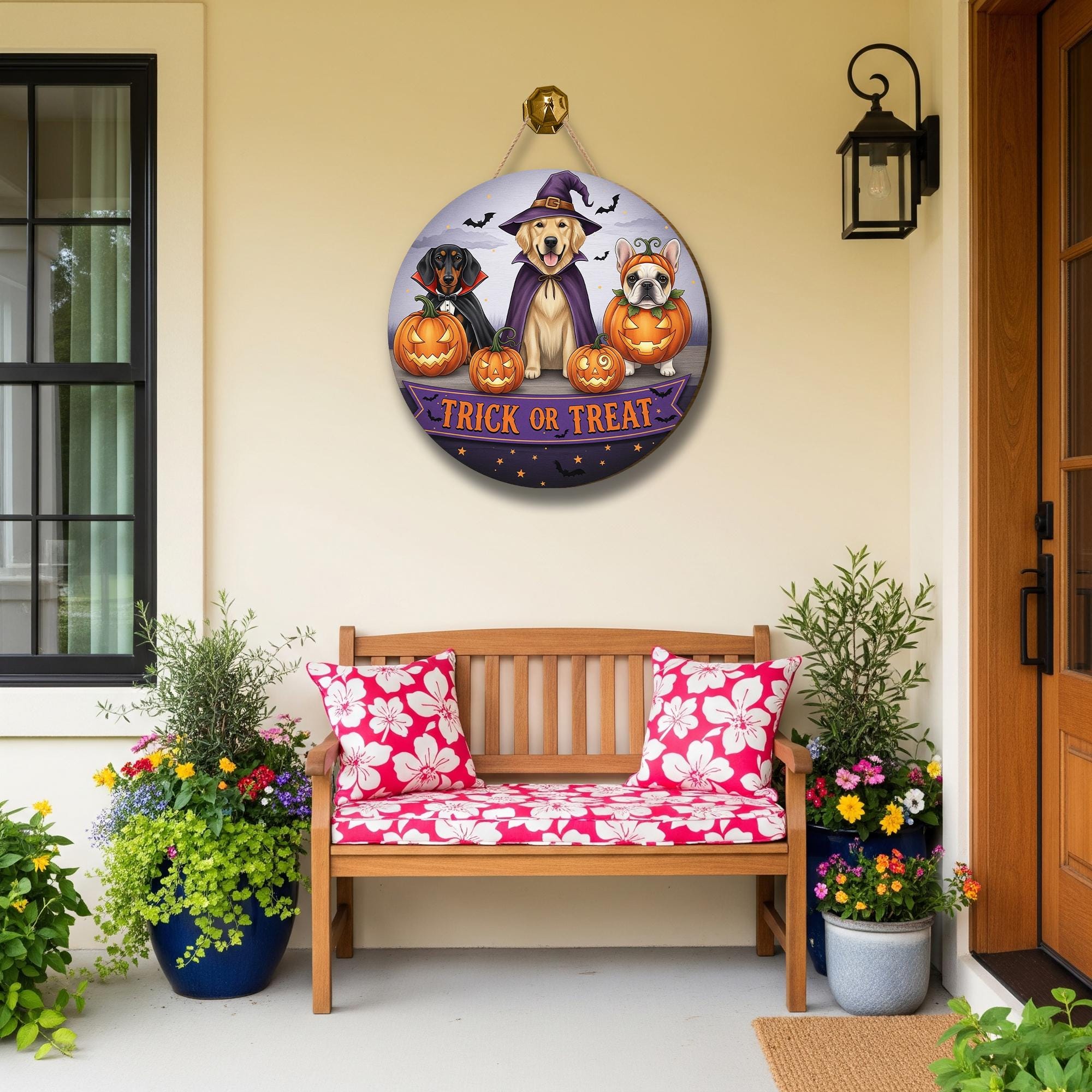 Personalized Halloween Dog Door Hanger | Trick or Treat Pumpkin Front Door Sign | Spooky Fall Porch Decoration | Custom Pet Decor