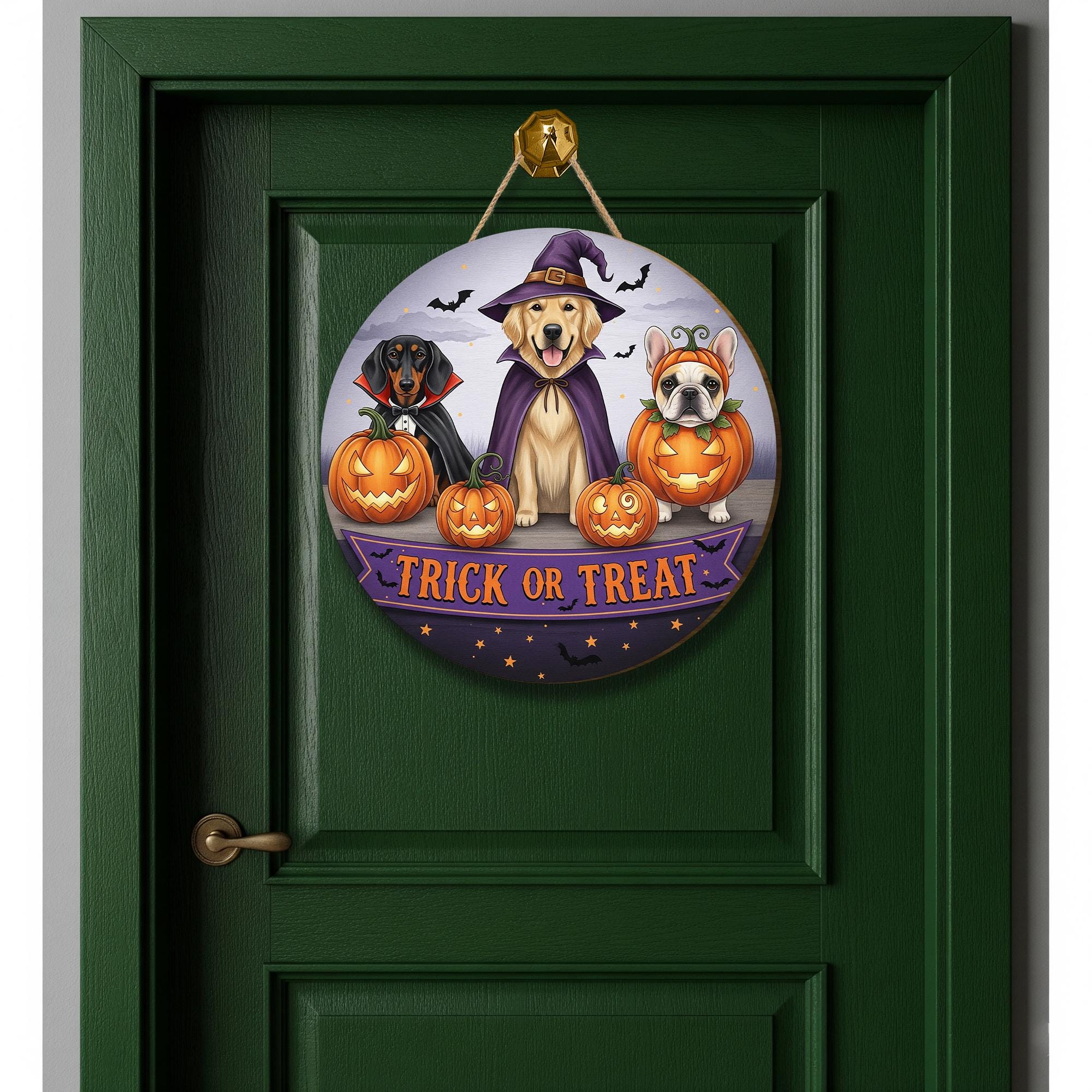 Personalized Halloween Dog Door Hanger | Trick or Treat Pumpkin Front Door Sign | Spooky Fall Porch Decoration | Custom Pet Decor