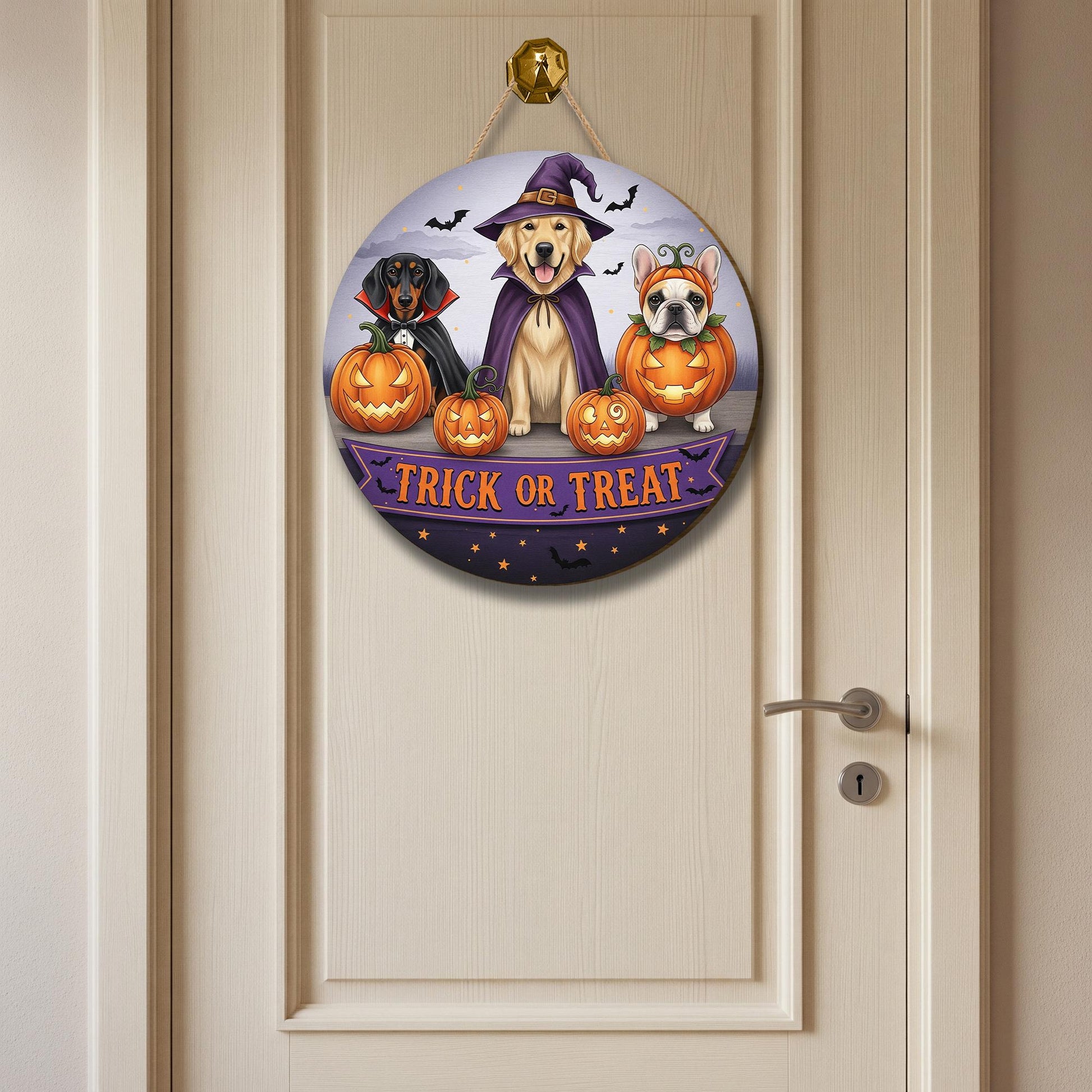 Personalized Halloween Dog Door Hanger | Trick or Treat Pumpkin Front Door Sign | Spooky Fall Porch Decoration | Custom Pet Decor