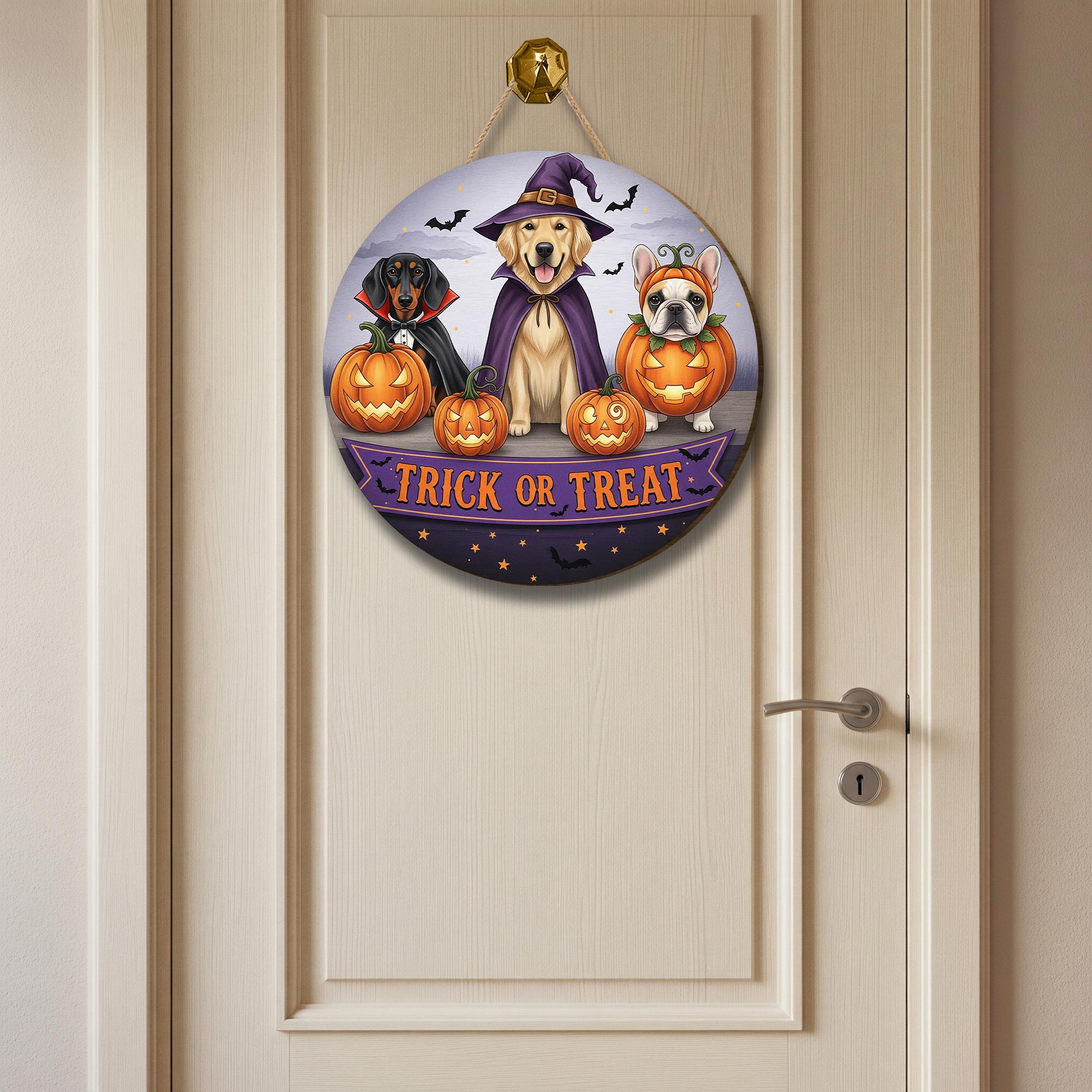 Personalized Halloween Dog Door Hanger | Trick or Treat Pumpkin Front Door Sign | Spooky Fall Porch Decoration | Custom Pet Decor