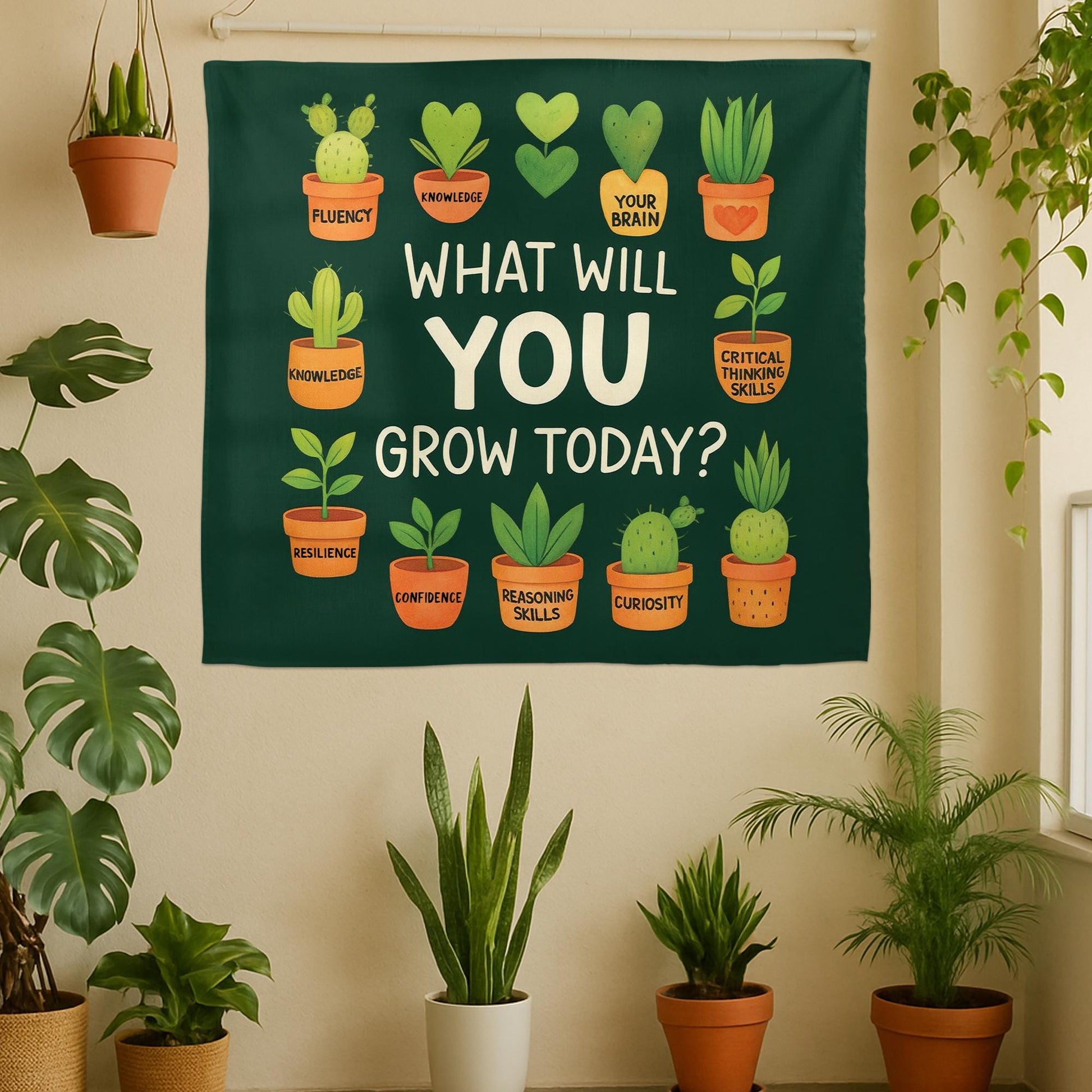 What Will You Grow Today Tapestry – Growth Mindset Classroom Wall Decor, Inspirational Plant Quote Hanging, Teacher Office Art