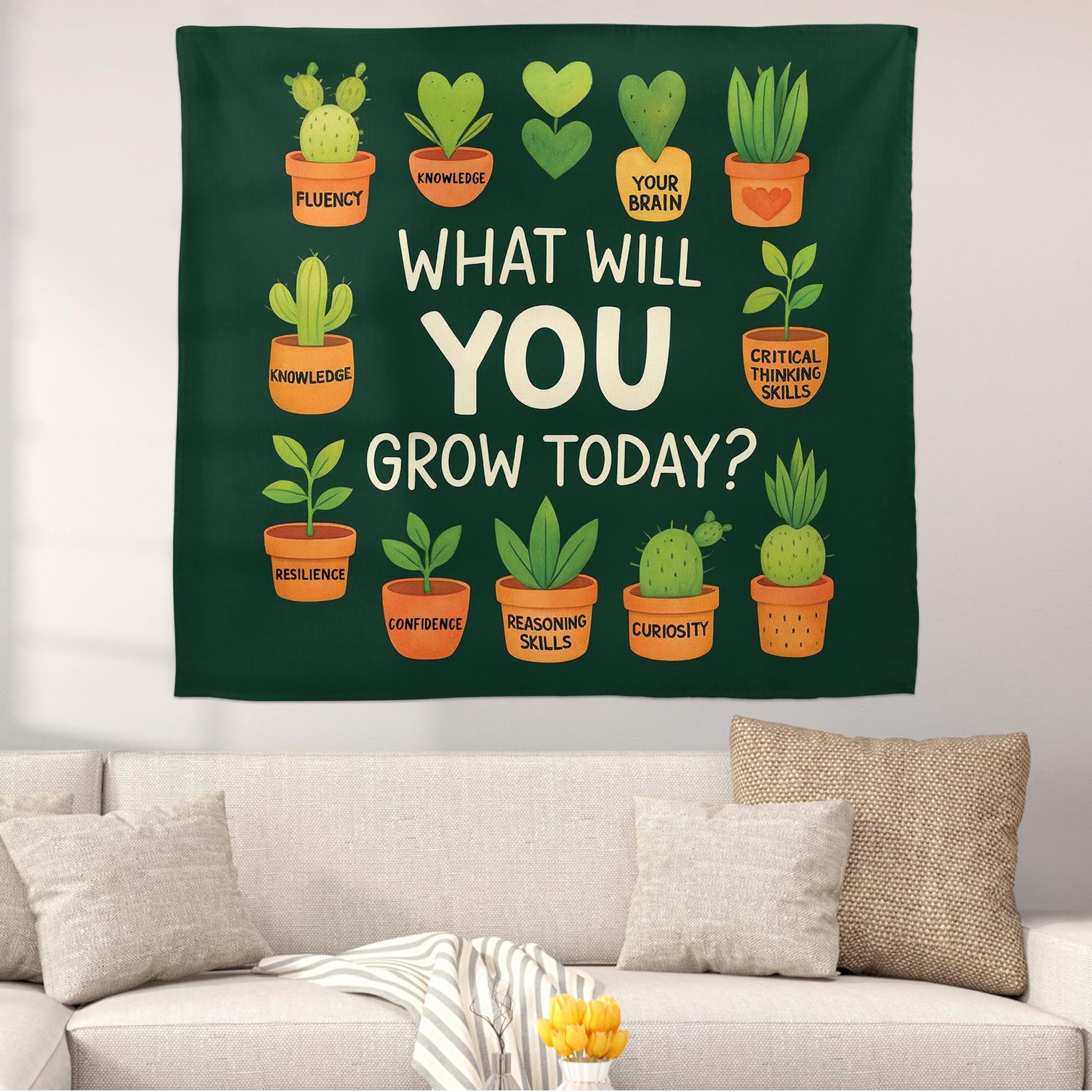 What Will You Grow Today Tapestry – Growth Mindset Classroom Wall Decor, Inspirational Plant Quote Hanging, Teacher Office Art