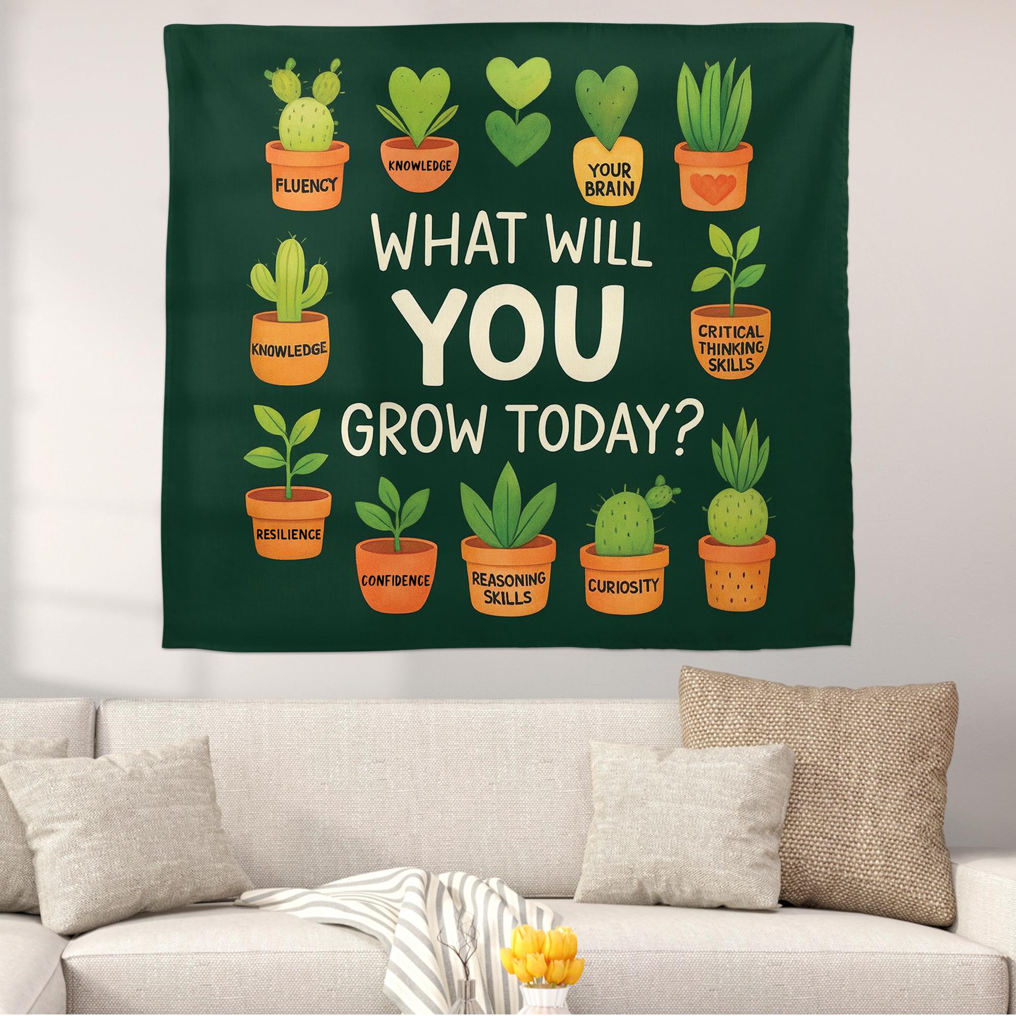What Will You Grow Today Tapestry – Growth Mindset Classroom Wall Decor, Inspirational Plant Quote Hanging, Teacher Office Art