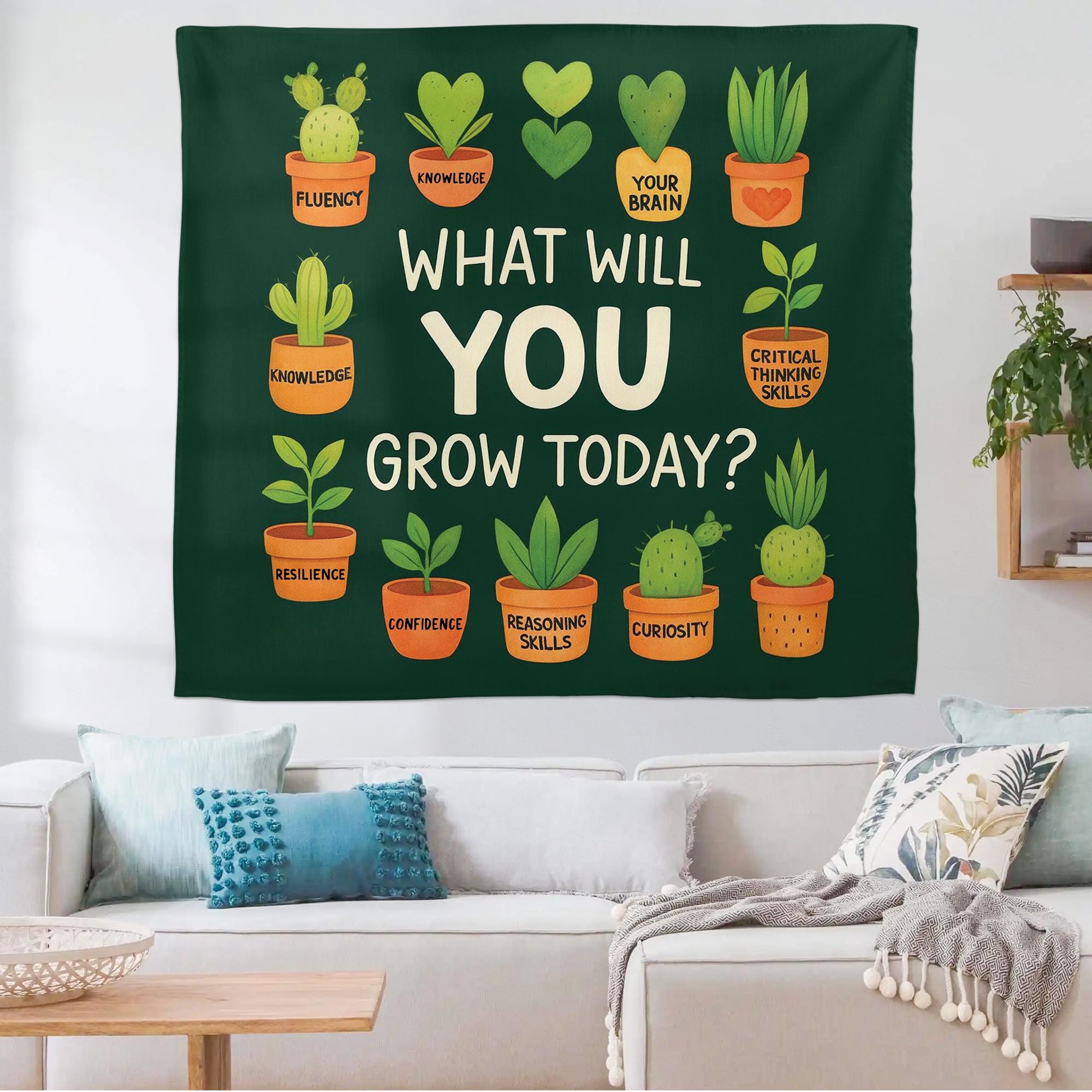 What Will You Grow Today Tapestry – Growth Mindset Classroom Wall Decor, Inspirational Plant Quote Hanging, Teacher Office Art