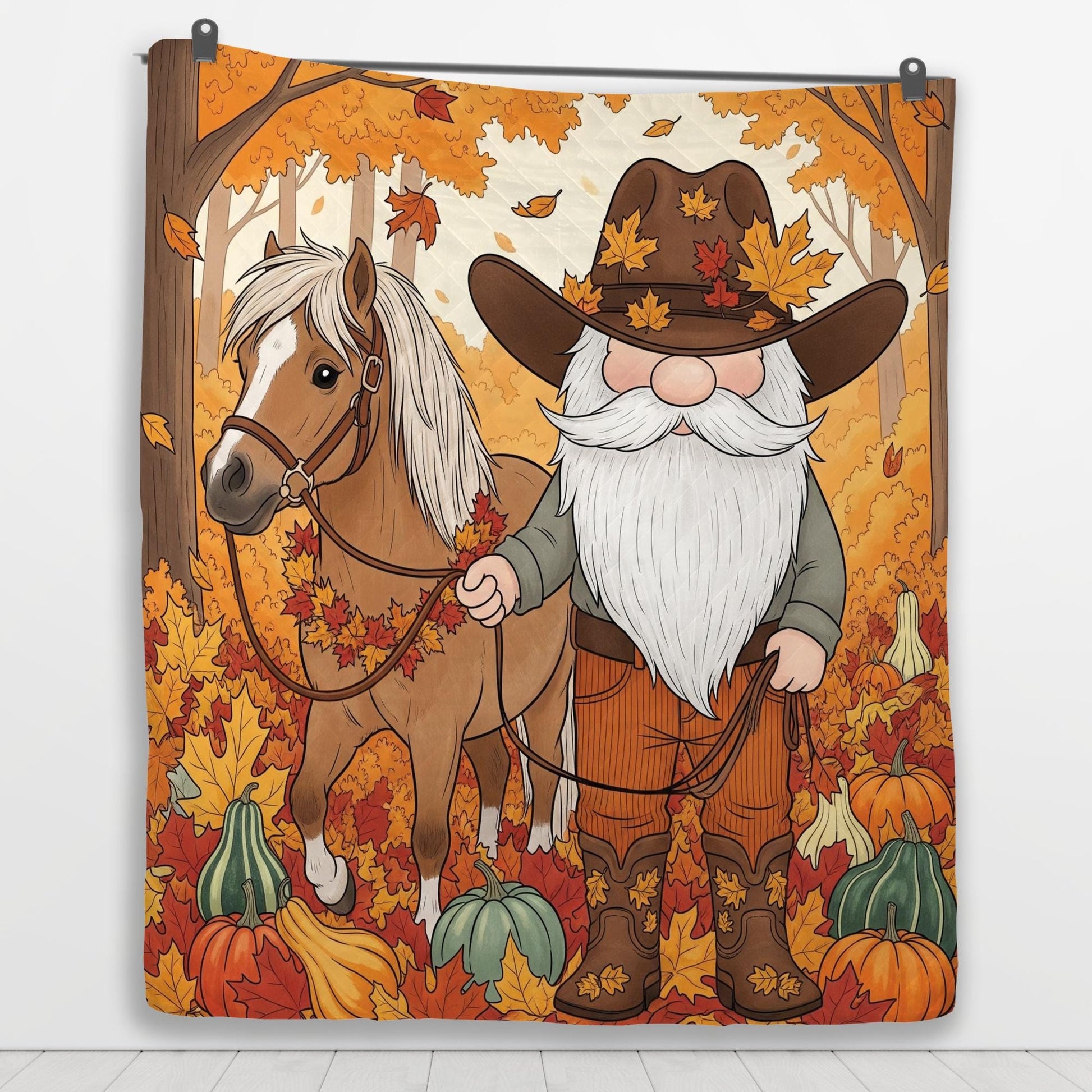 Fall Gnome Blanket: Autumn Leaves Quilted Throw, Farmhouse Horse Decor