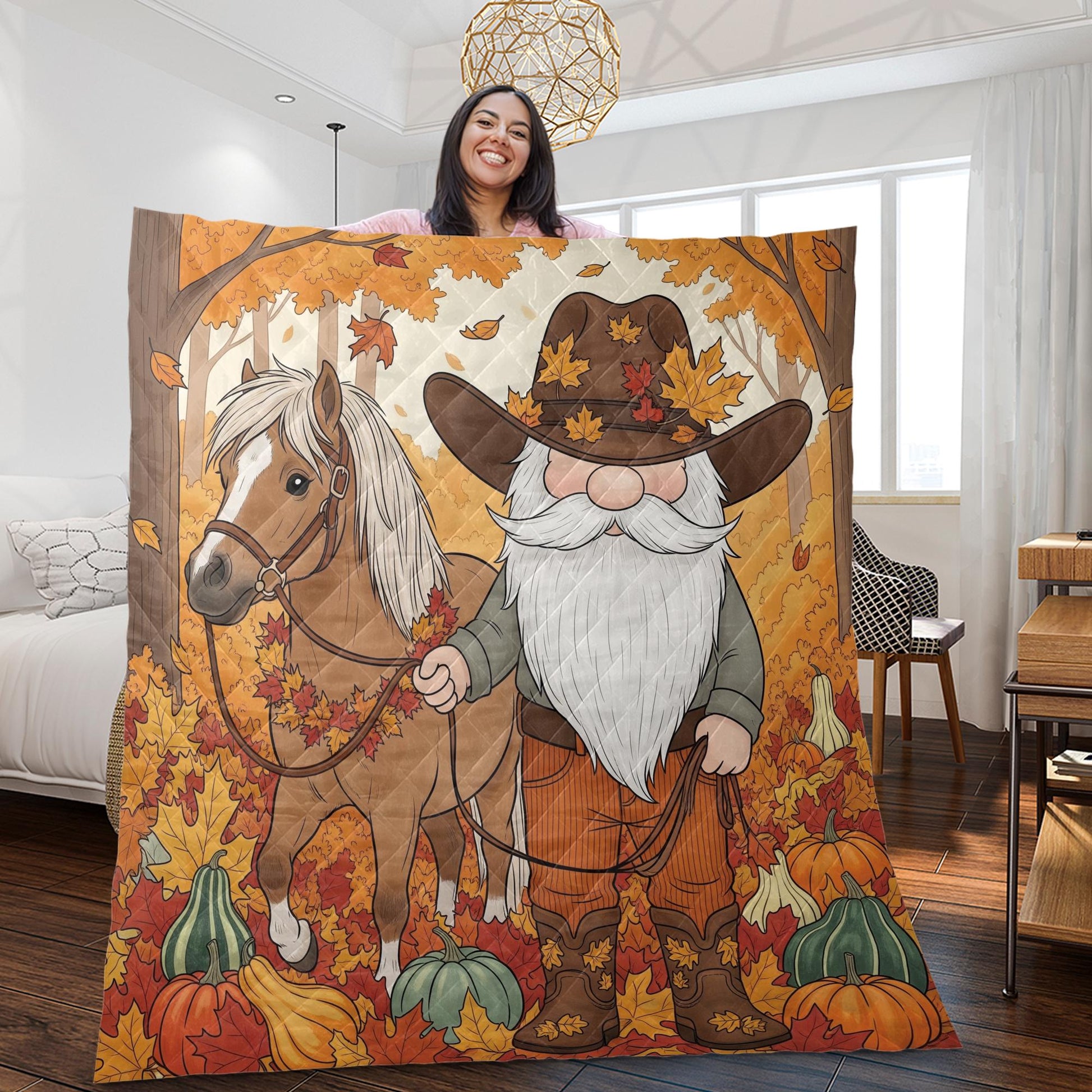 Fall Gnome Blanket: Autumn Leaves Quilted Throw, Farmhouse Horse Decor