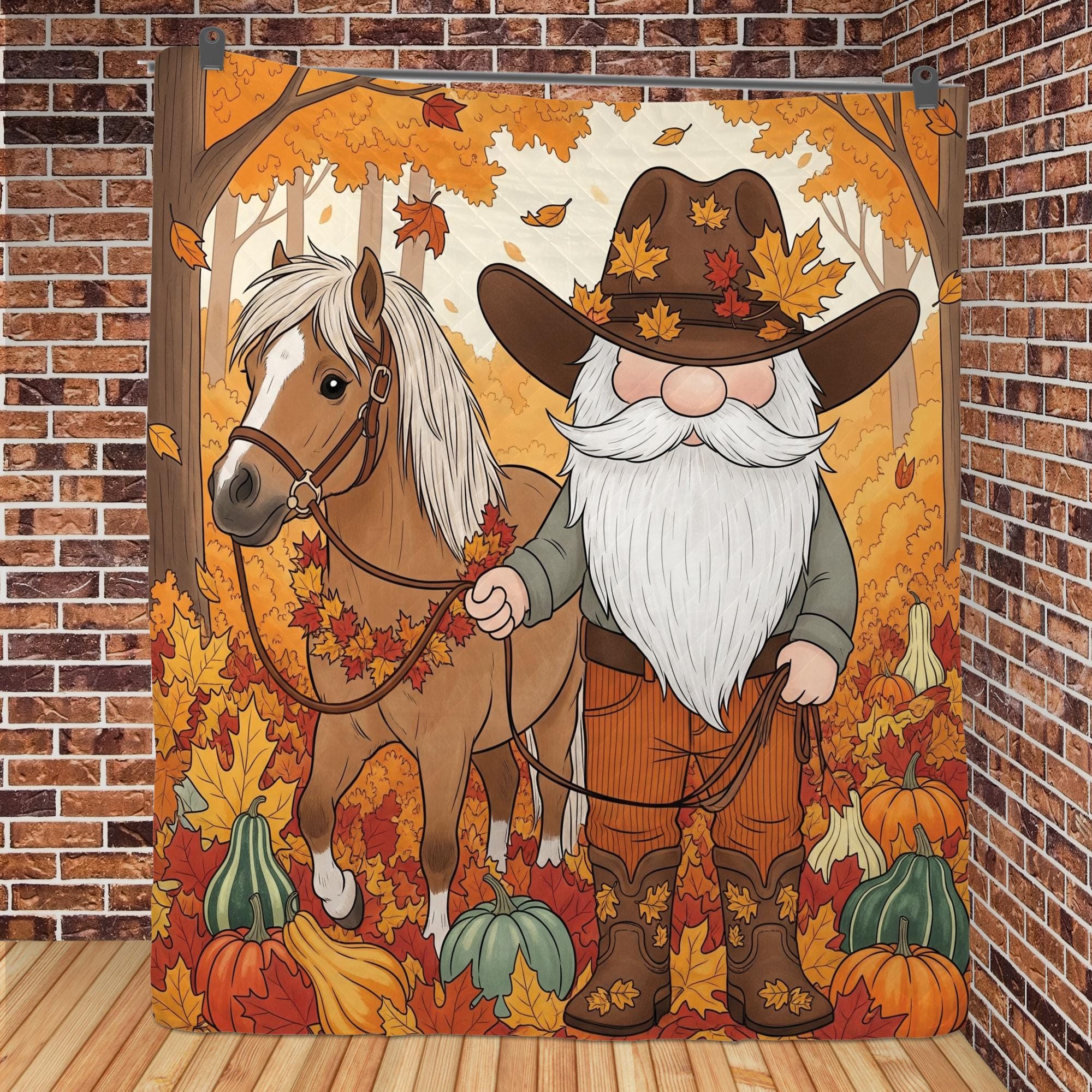Fall Gnome Blanket: Autumn Leaves Quilted Throw, Farmhouse Horse Decor