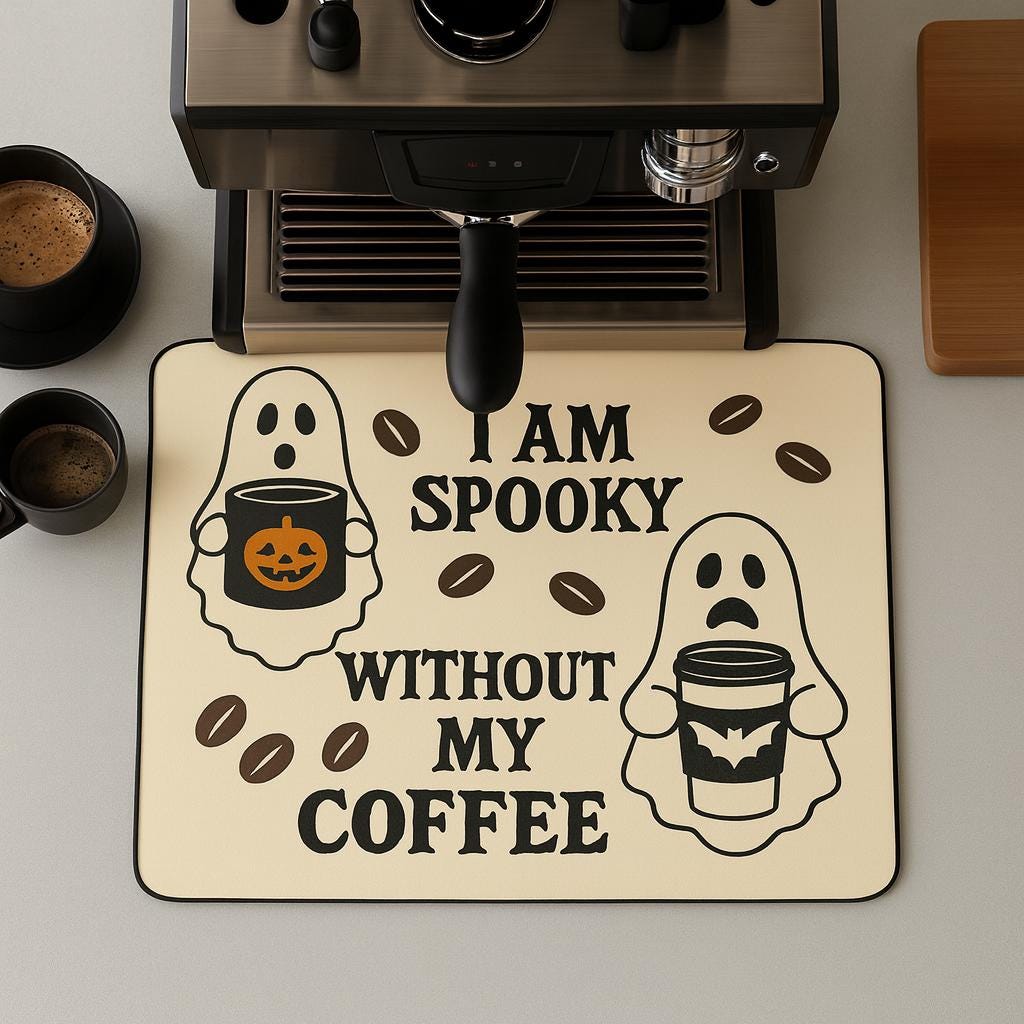 Spooky Coffee Bar Mat – Funny Ghost Halloween Kitchen Decor, I Am Spooky Without My Coffee, Witchy Coffee Lover Gift