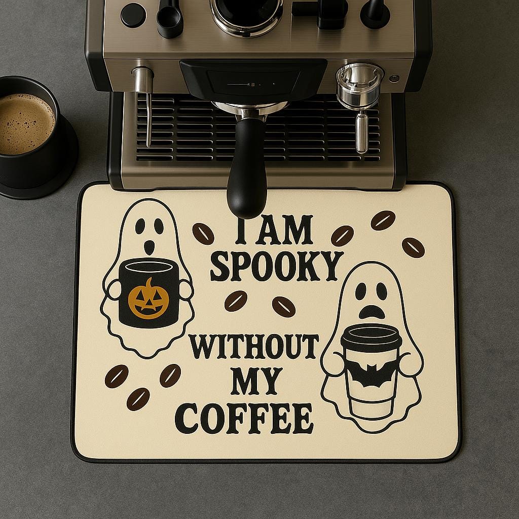 Spooky Coffee Bar Mat – Funny Ghost Halloween Kitchen Decor, I Am Spooky Without My Coffee, Witchy Coffee Lover Gift