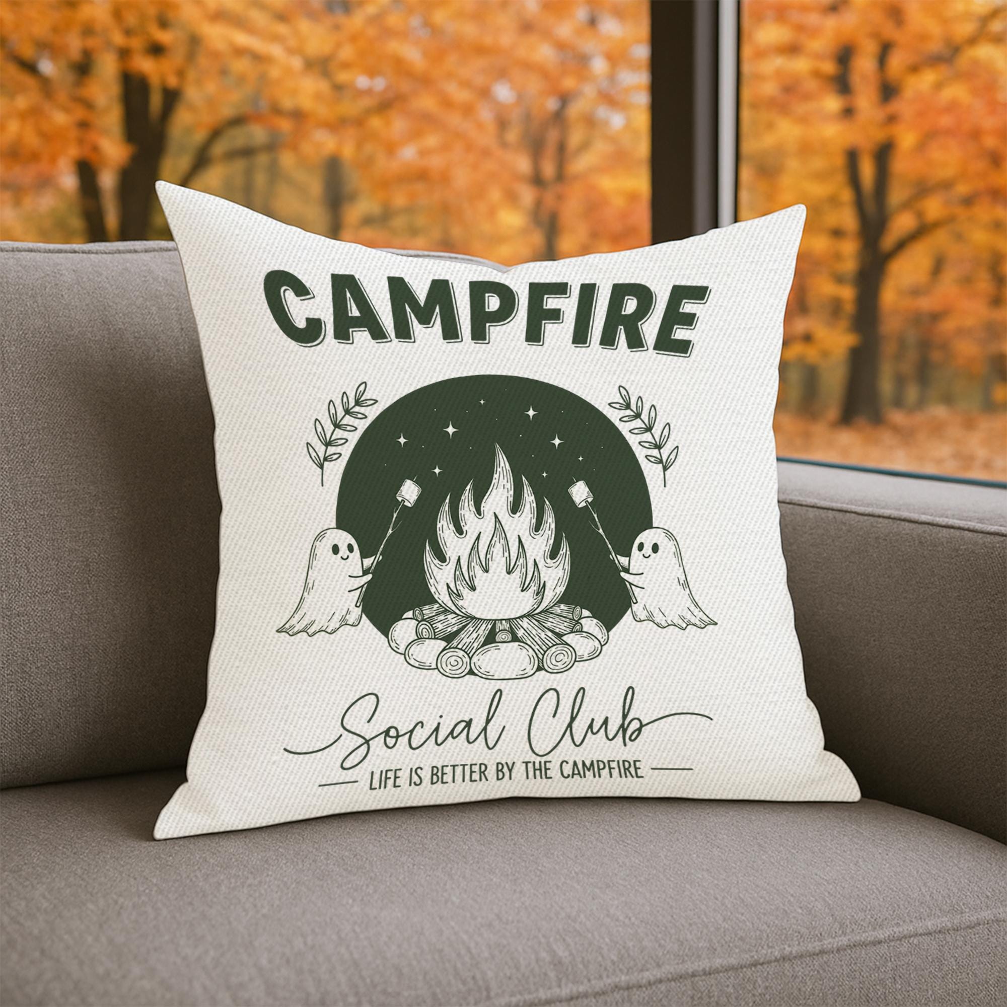 Campfire Ghost Pillow Cover | Cute Camping Throw Pillow | Rustic Cabin Decor | Marshmallow Campfire Cushion | Outdoor Cozy Gift