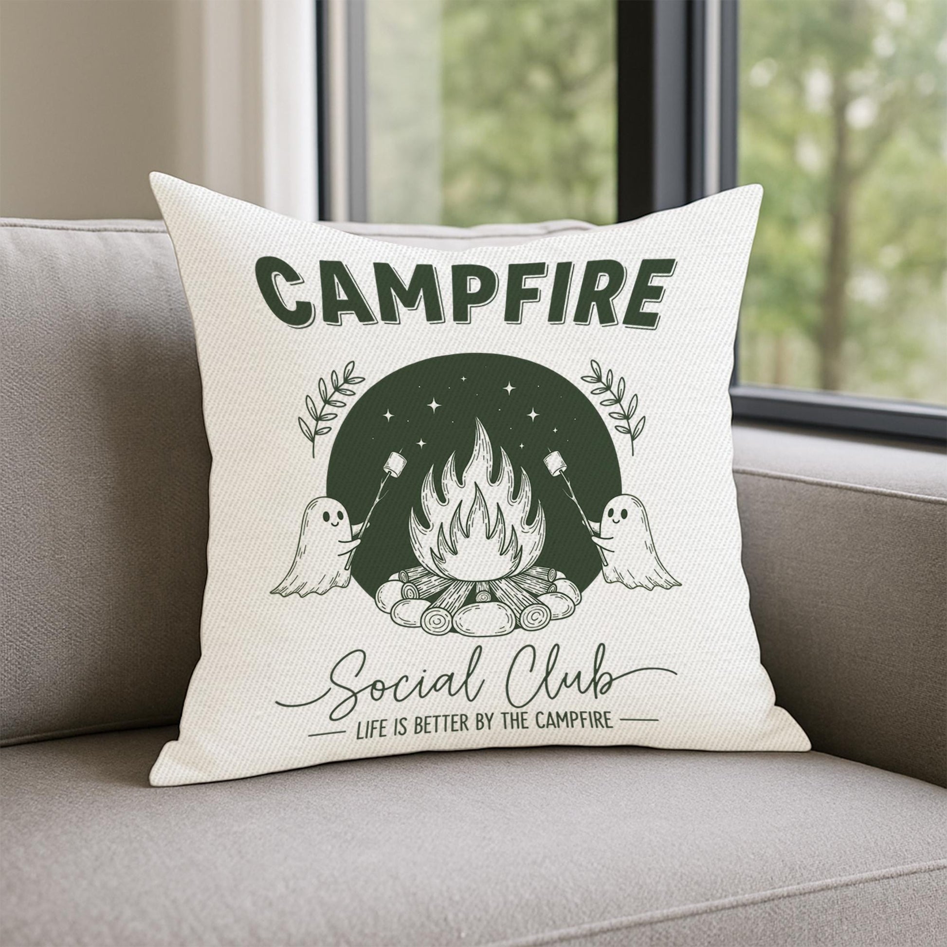 Campfire Ghost Pillow Cover | Cute Camping Throw Pillow | Rustic Cabin Decor | Marshmallow Campfire Cushion | Outdoor Cozy Gift