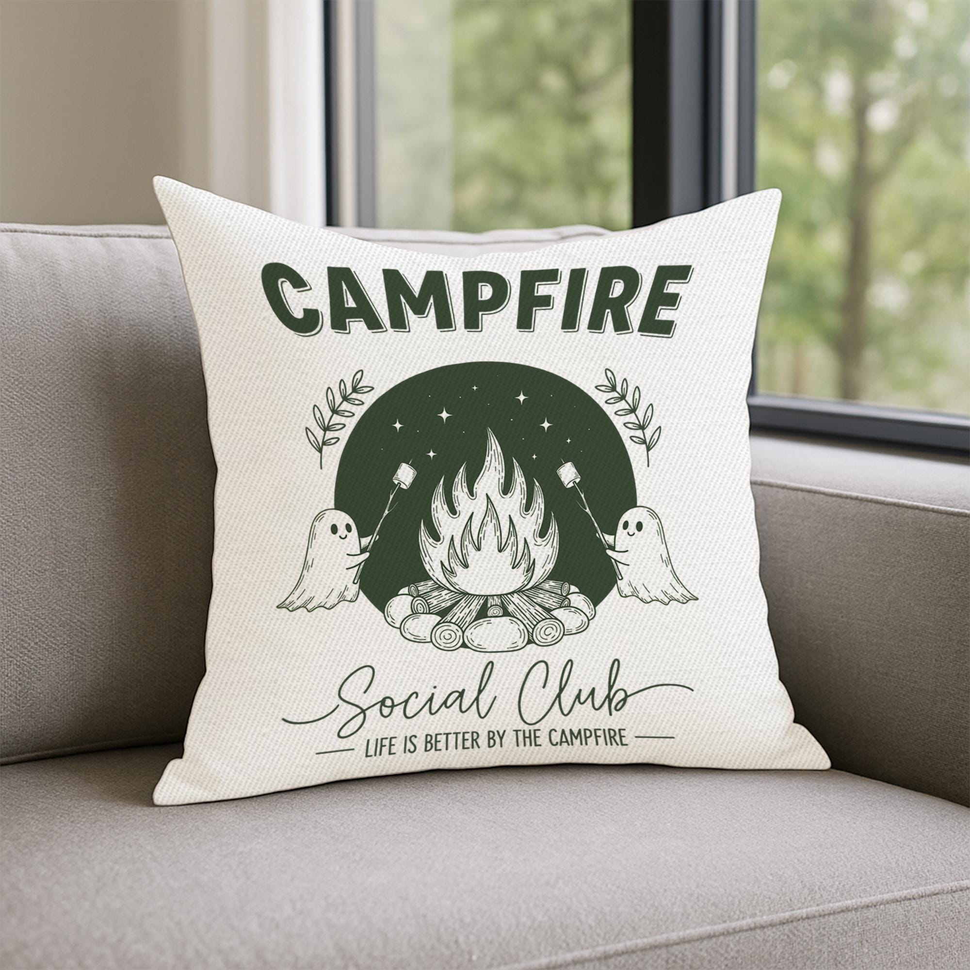 Campfire Ghost Pillow Cover | Cute Camping Throw Pillow | Rustic Cabin Decor | Marshmallow Campfire Cushion | Outdoor Cozy Gift
