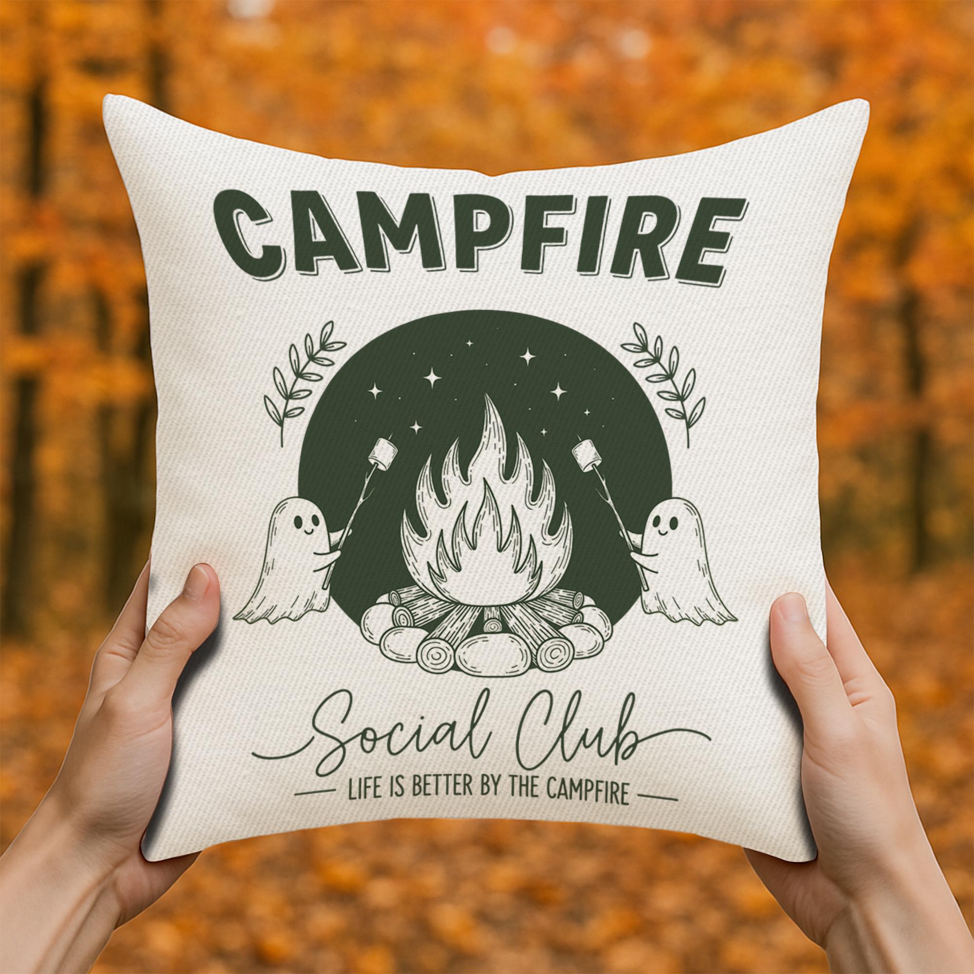 Campfire Ghost Pillow Cover | Cute Camping Throw Pillow | Rustic Cabin Decor | Marshmallow Campfire Cushion | Outdoor Cozy Gift