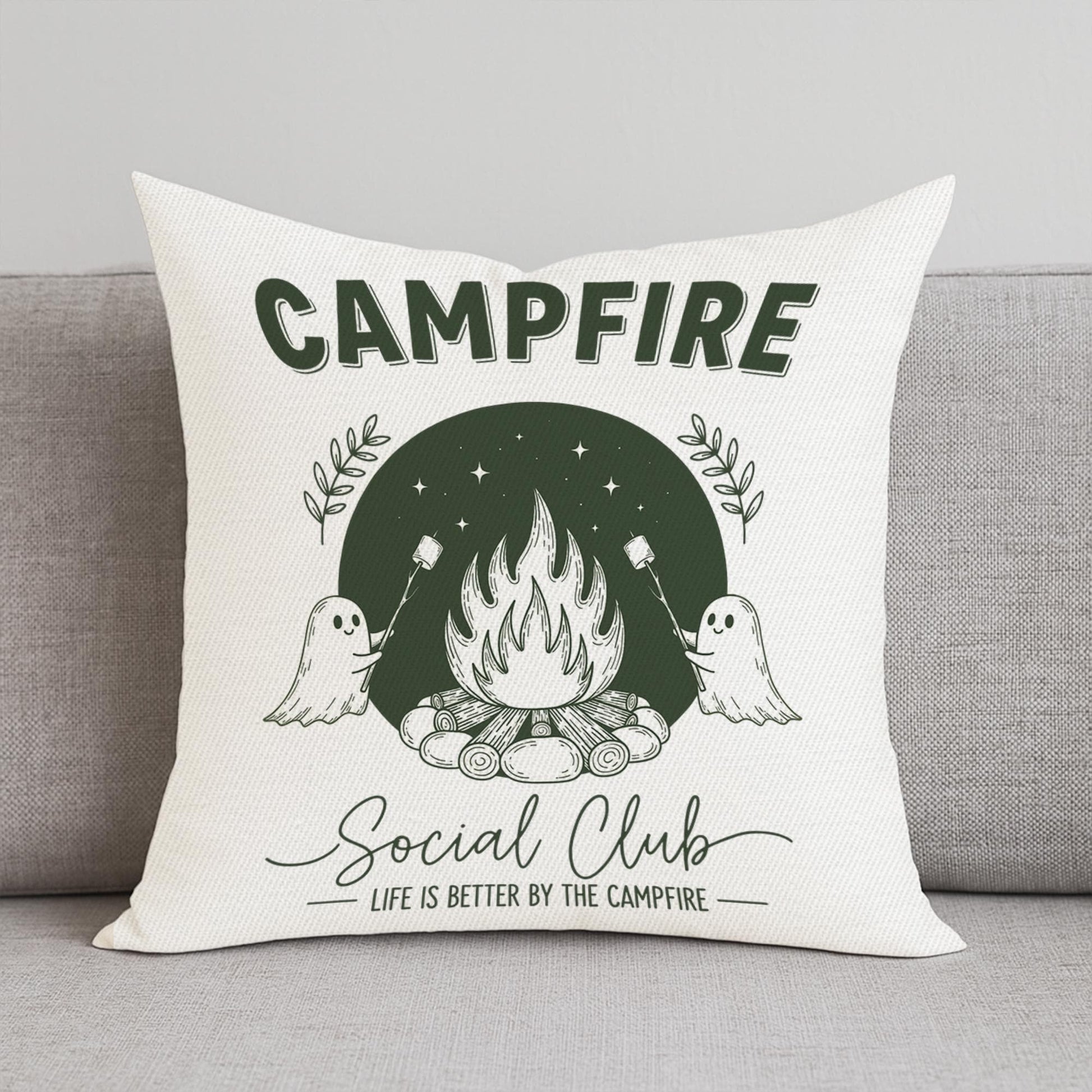 Campfire Ghost Pillow Cover | Cute Camping Throw Pillow | Rustic Cabin Decor | Marshmallow Campfire Cushion | Outdoor Cozy Gift