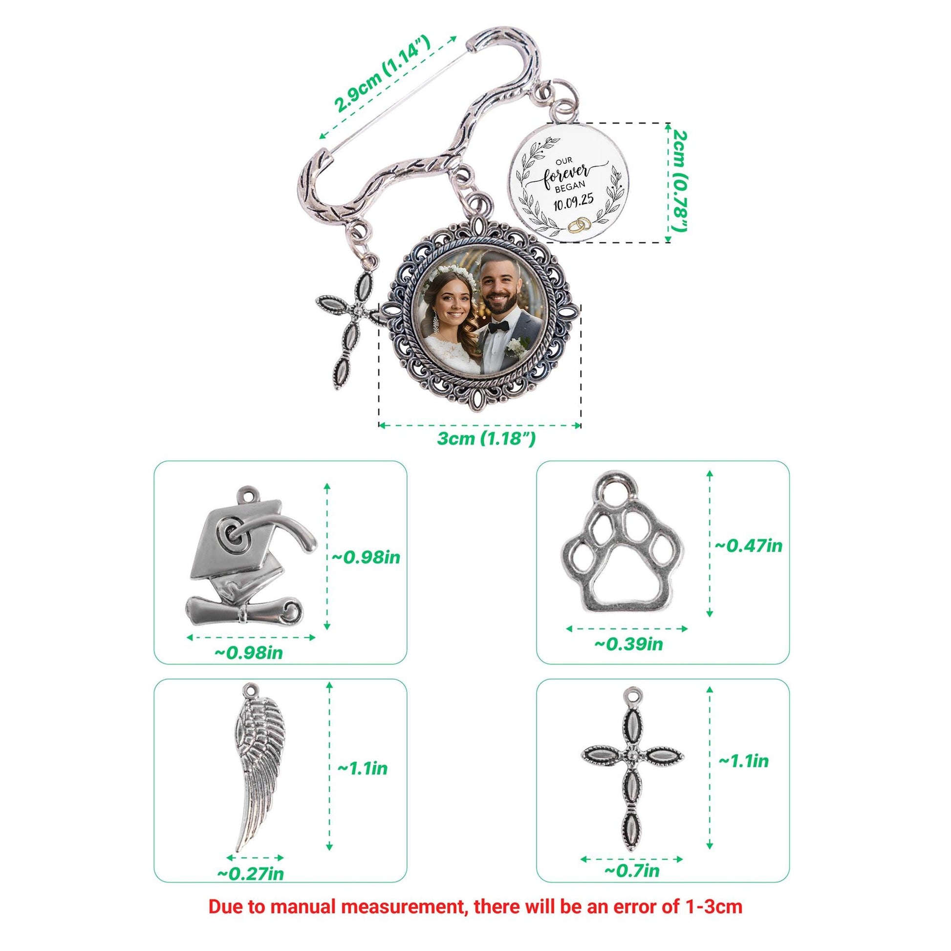 Custom Wedding Photo Charm Pin | Personalized Memorial Brooch with Picture | Bridal Bouquet Keepsake Gift | Forever Love Charm