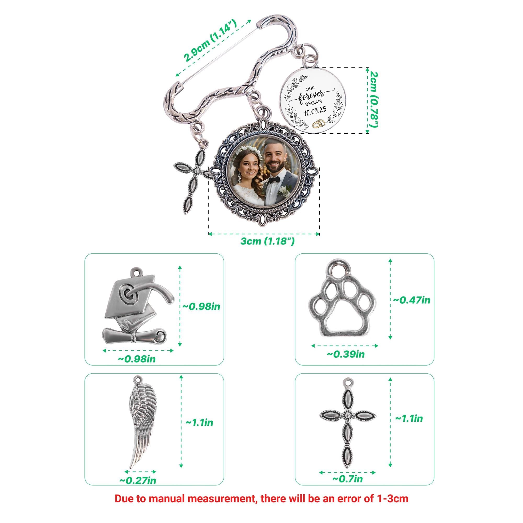 Custom Wedding Photo Charm Pin | Personalized Memorial Brooch with Picture | Bridal Bouquet Keepsake Gift | Forever Love Charm