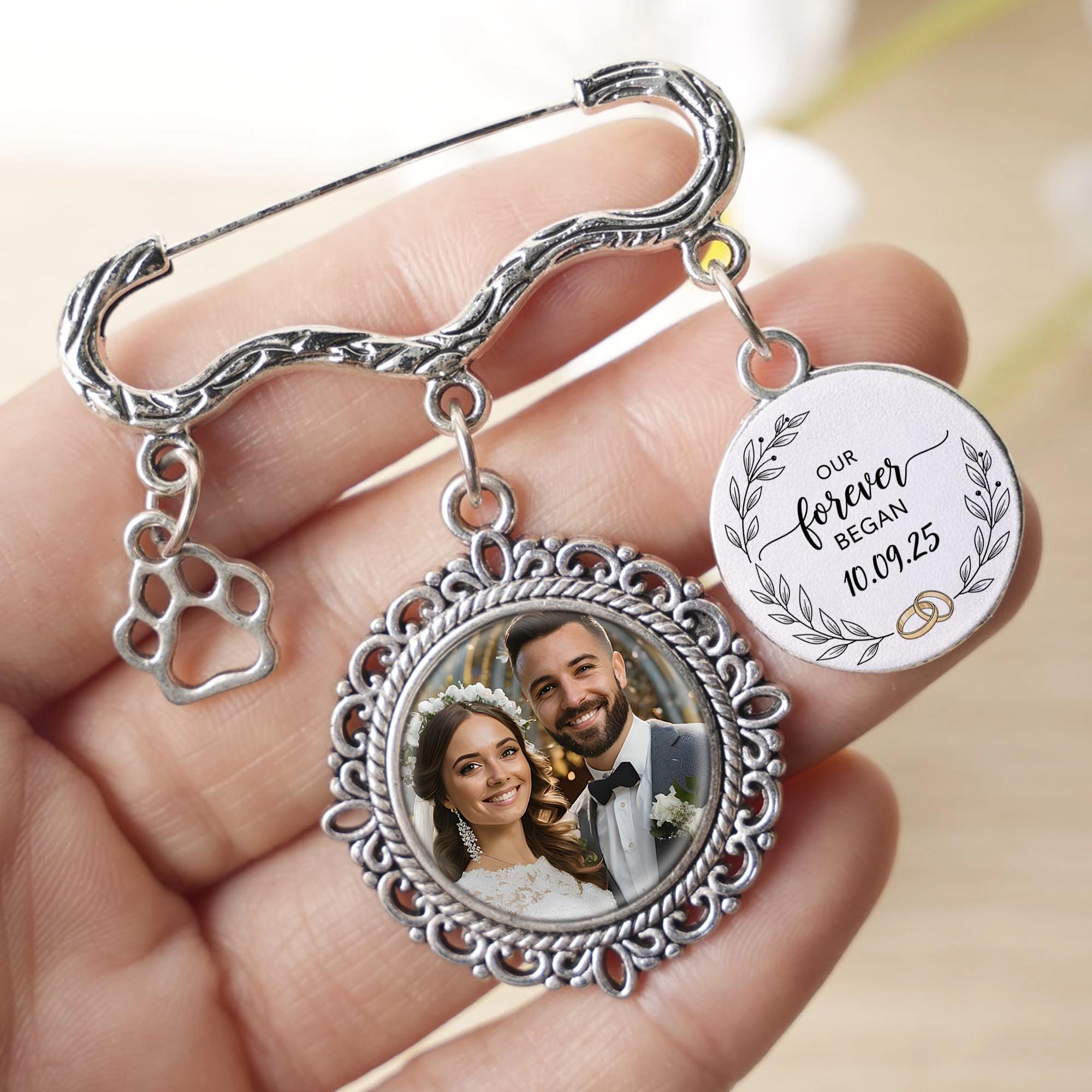 Custom Wedding Photo Charm Pin | Personalized Memorial Brooch with Picture | Bridal Bouquet Keepsake Gift | Forever Love Charm