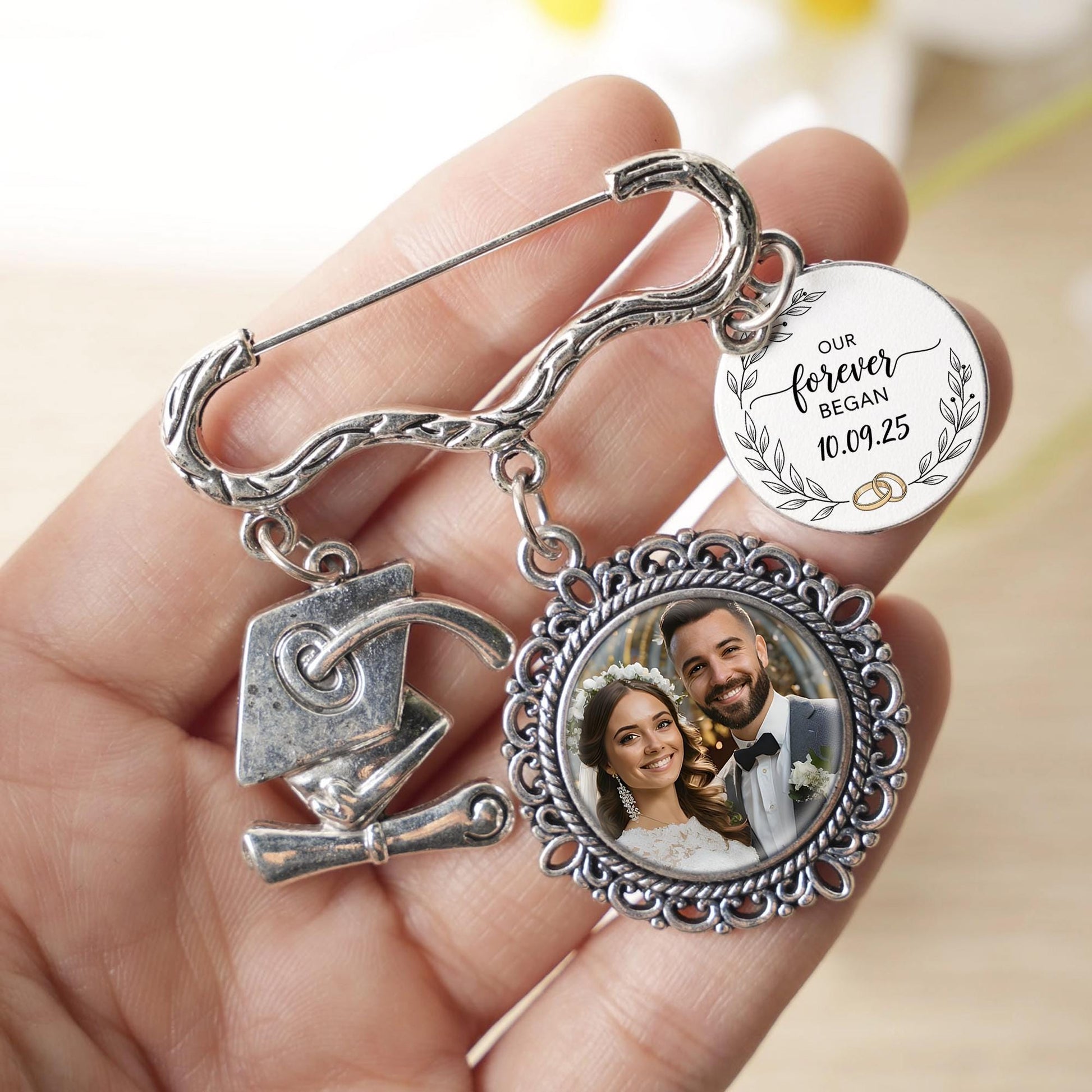 Custom Wedding Photo Charm Pin | Personalized Memorial Brooch with Picture | Bridal Bouquet Keepsake Gift | Forever Love Charm