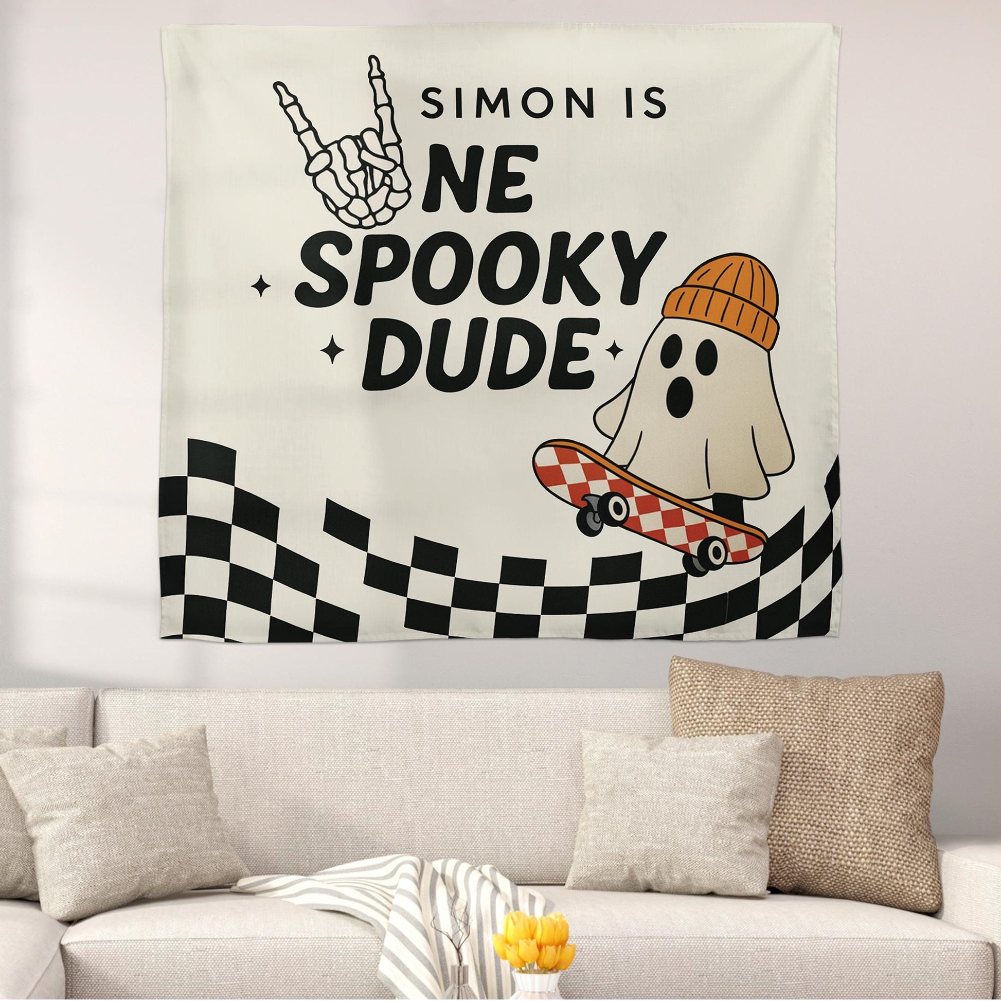 Custom Spooky Birthday Tapestry – Personalized Skateboard Ghost Party Banner, Halloween Birthday Backdrop Decor