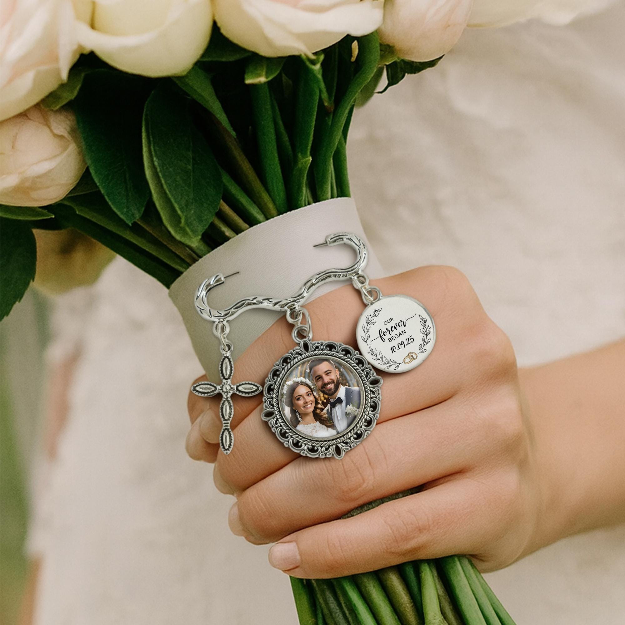 Custom Wedding Photo Charm Pin | Personalized Memorial Brooch with Picture | Bridal Bouquet Keepsake Gift | Forever Love Charm