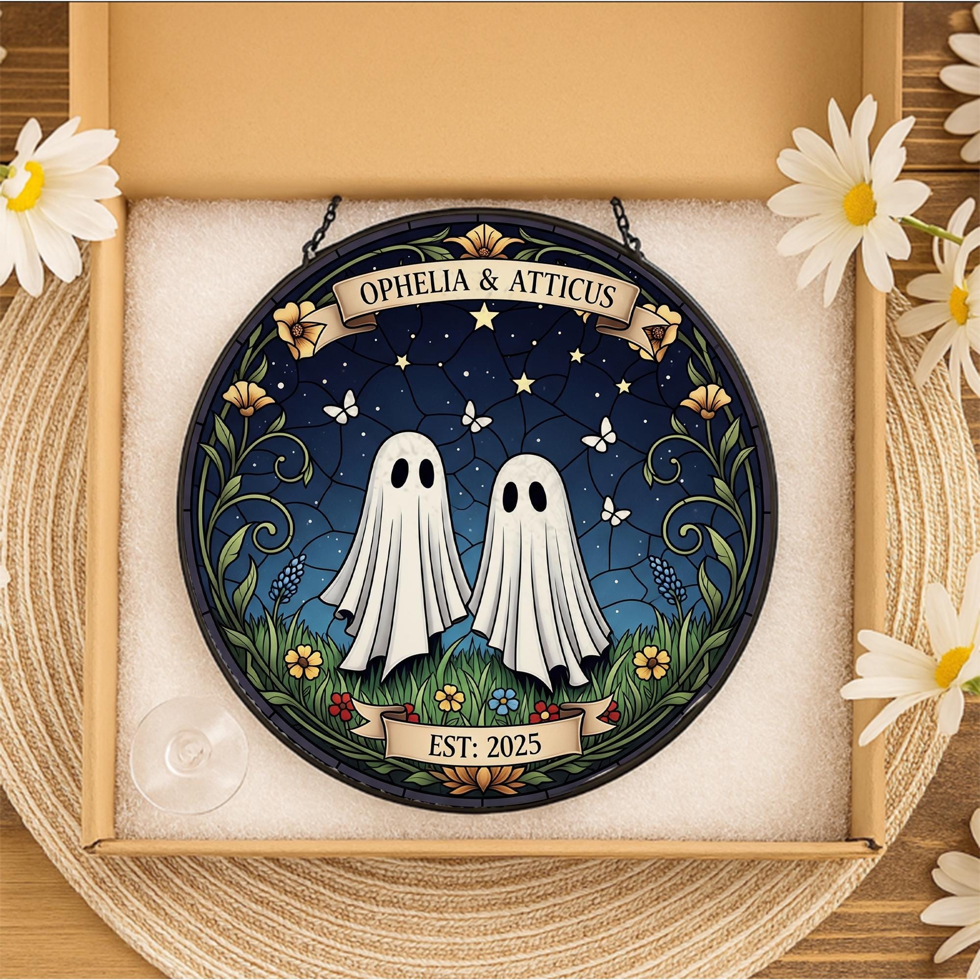 Custom Ghost Couple Suncatcher | Faux Stained Glass Window Hanging | Personalized Spooky Wedding Gift | Gothic Home Decor