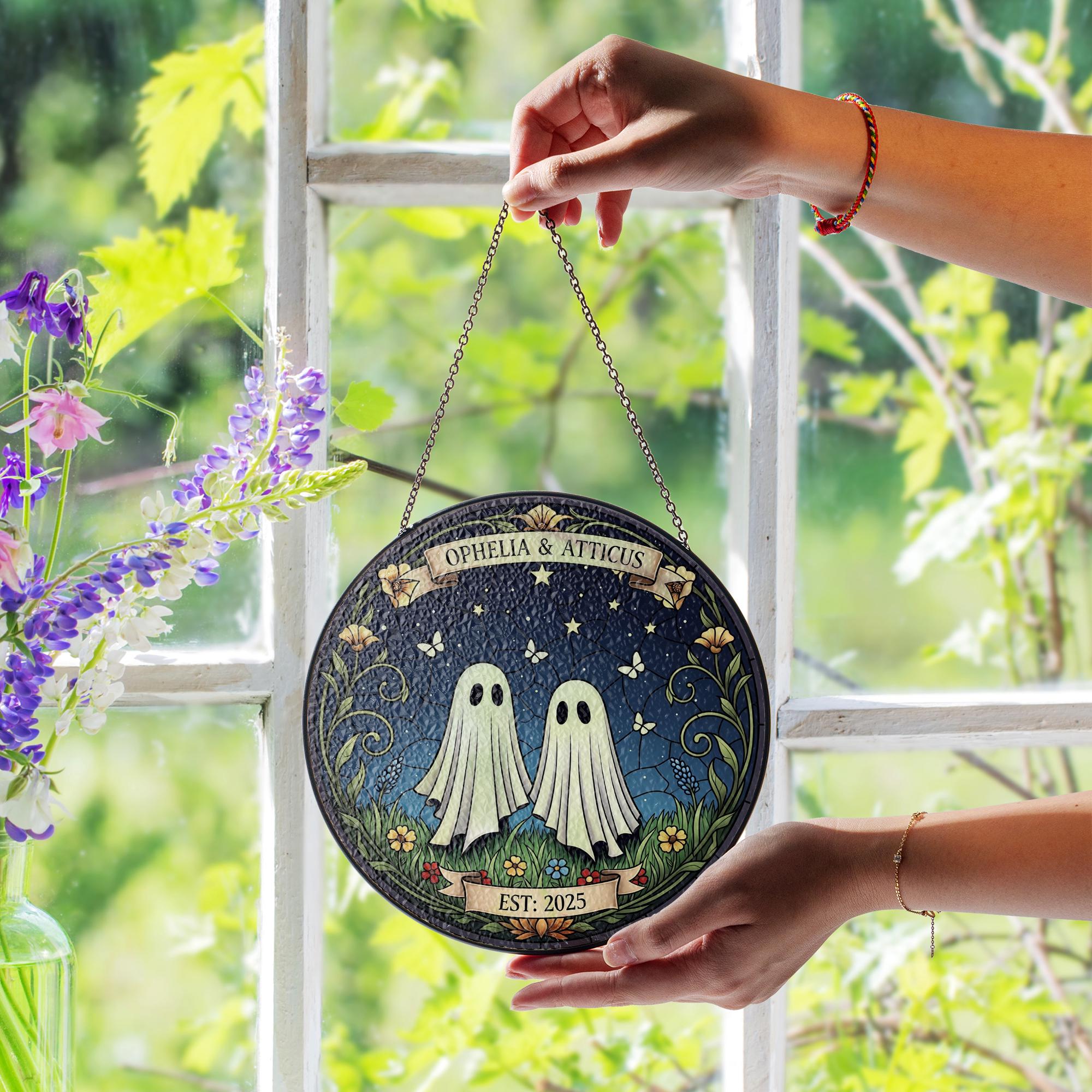 Custom Ghost Couple Suncatcher | Faux Stained Glass Window Hanging | Personalized Spooky Wedding Gift | Gothic Home Decor