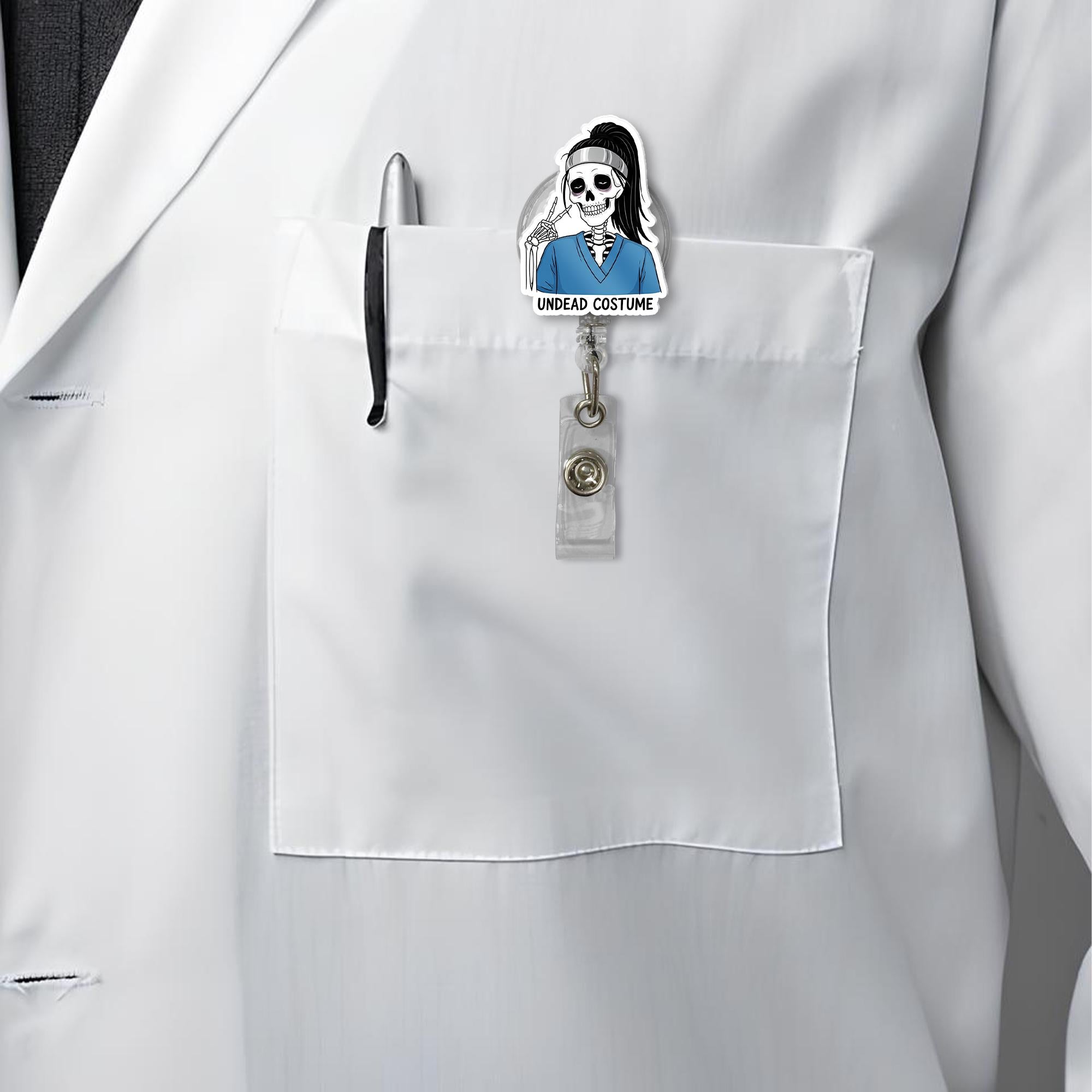 Undead Nurse Badge Reel | Halloween Skeleton Badge Holder | Spooky Retractable ID Clip | Funny Medical Nurse Costume Accessory