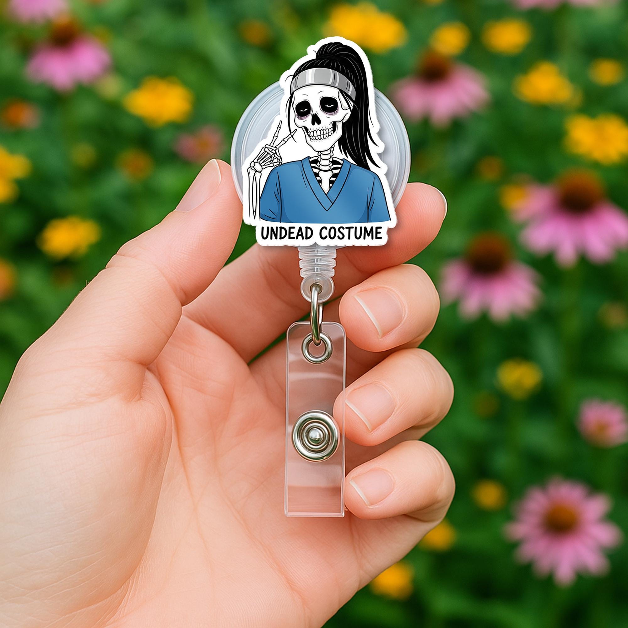 Undead Nurse Badge Reel | Halloween Skeleton Badge Holder | Spooky Retractable ID Clip | Funny Medical Nurse Costume Accessory