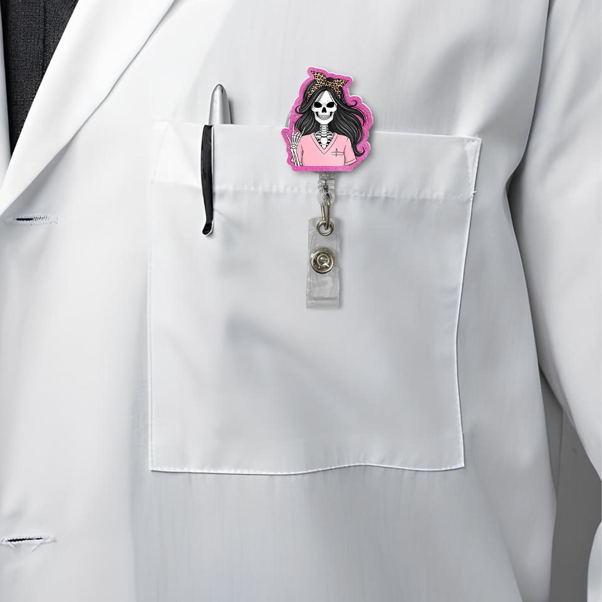 Pink Skeleton Nurse Badge Reel | Cute Halloween Badge Holder | Spooky Retractable ID Clip | Funny Nurse Gift | Leopard Bow Accessory