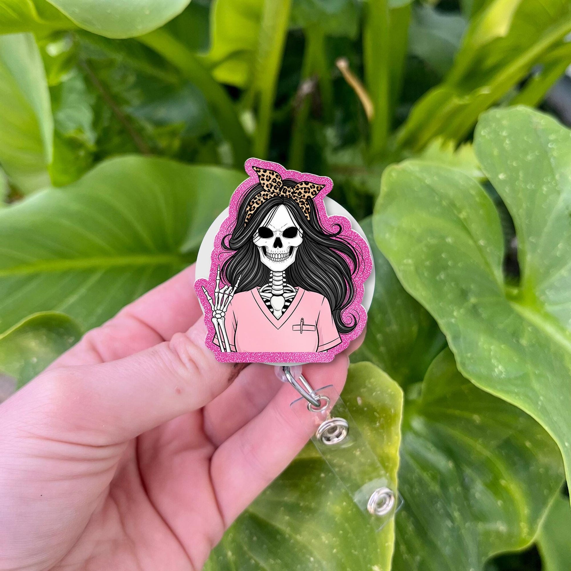 Pink Skeleton Nurse Badge Reel | Cute Halloween Badge Holder | Spooky Retractable ID Clip | Funny Nurse Gift | Leopard Bow Accessory