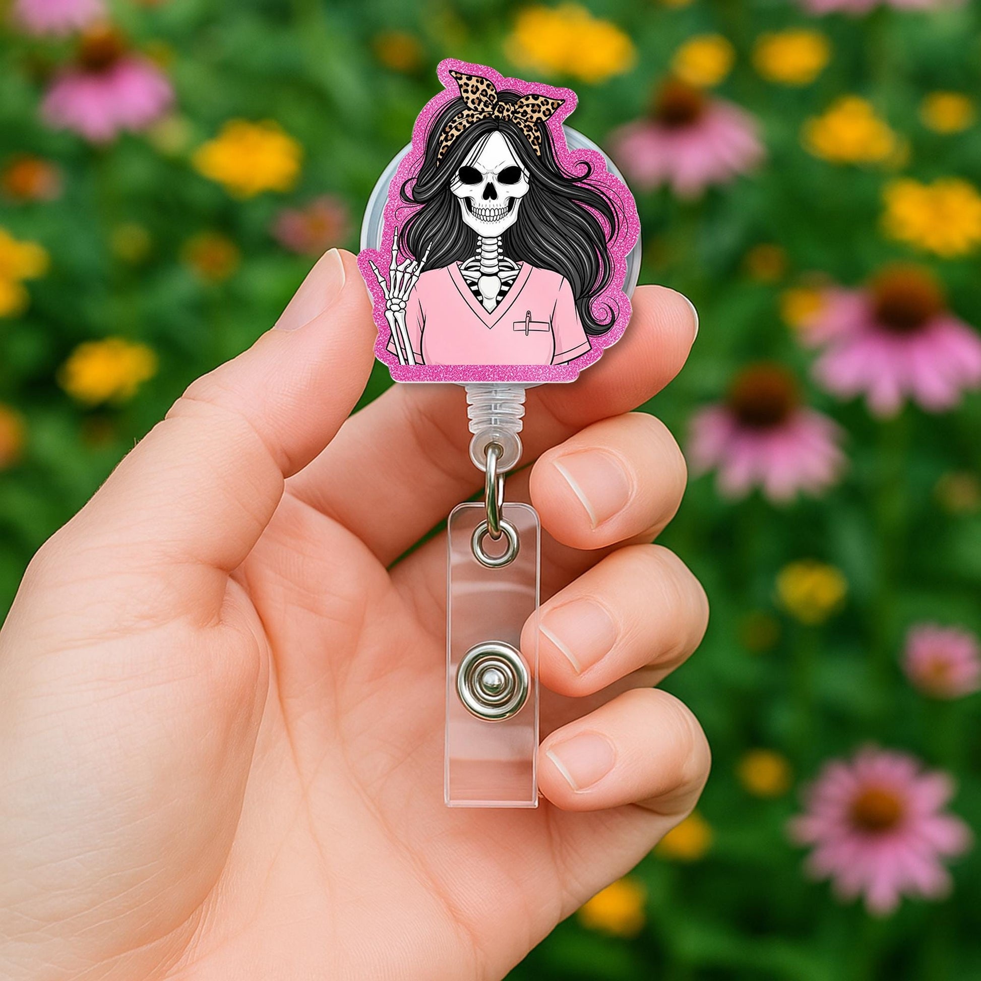 Pink Skeleton Nurse Badge Reel | Cute Halloween Badge Holder | Spooky Retractable ID Clip | Funny Nurse Gift | Leopard Bow Accessory