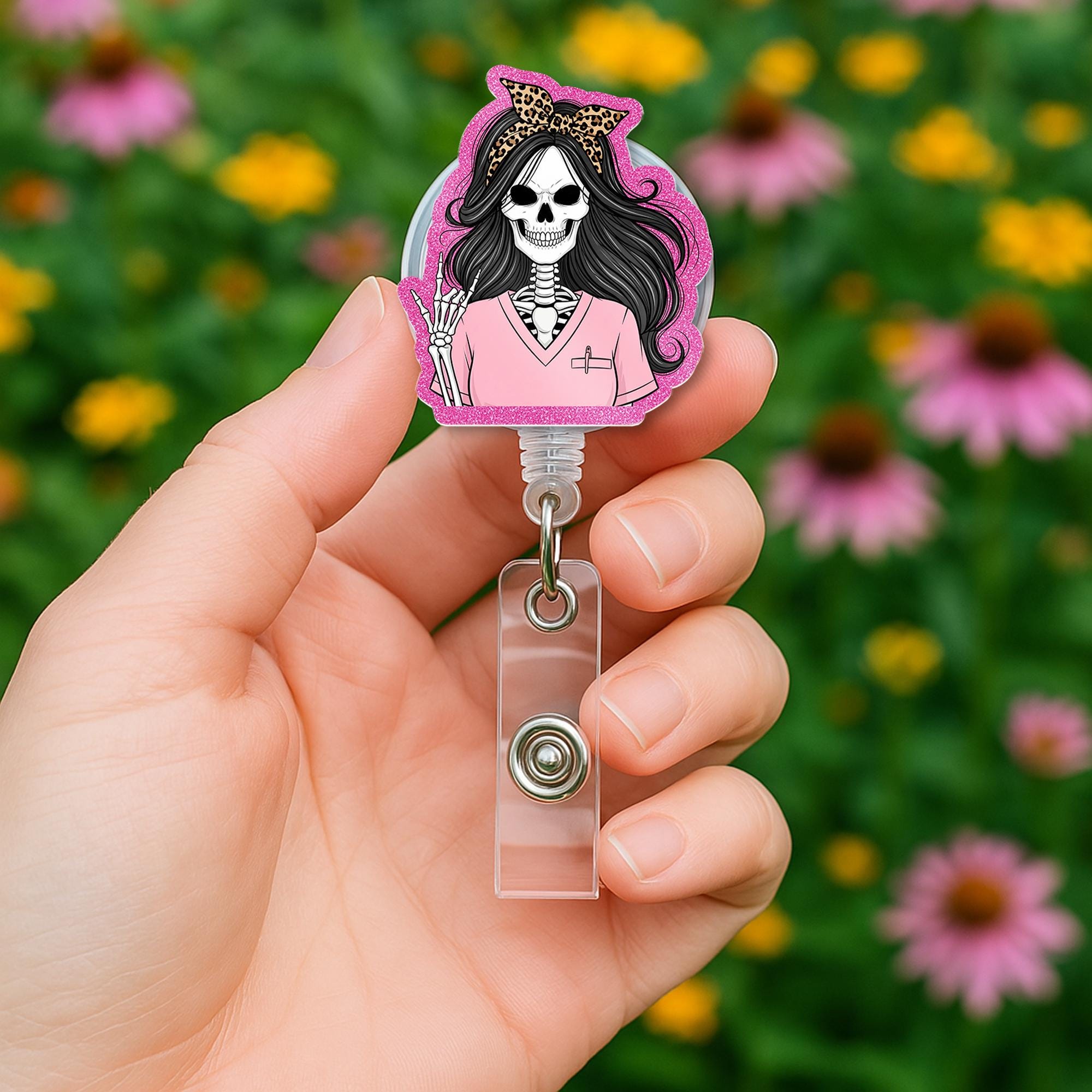 Pink Skeleton Nurse Badge Reel | Cute Halloween Badge Holder | Spooky Retractable ID Clip | Funny Nurse Gift | Leopard Bow Accessory